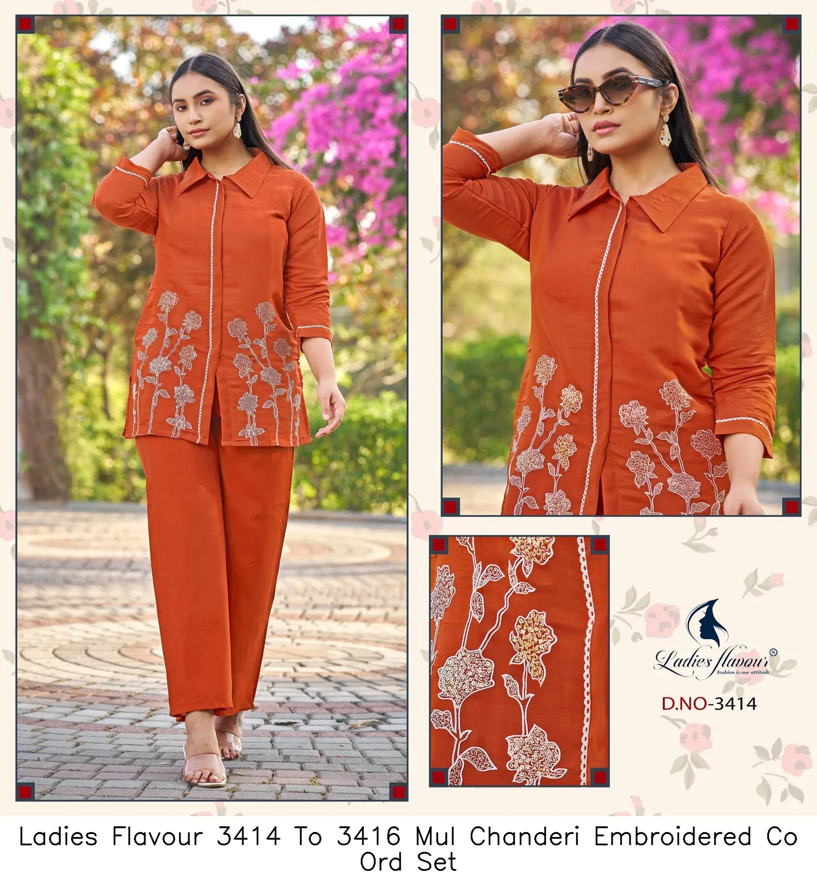 Ladies Flavour 3414 To 3416 Mul Chanderi Embroidered Co Ord Set — Wholesale Cotton Kurti Pant Set, Ladies Flavour wholesale from Surat - Gallery Image 2