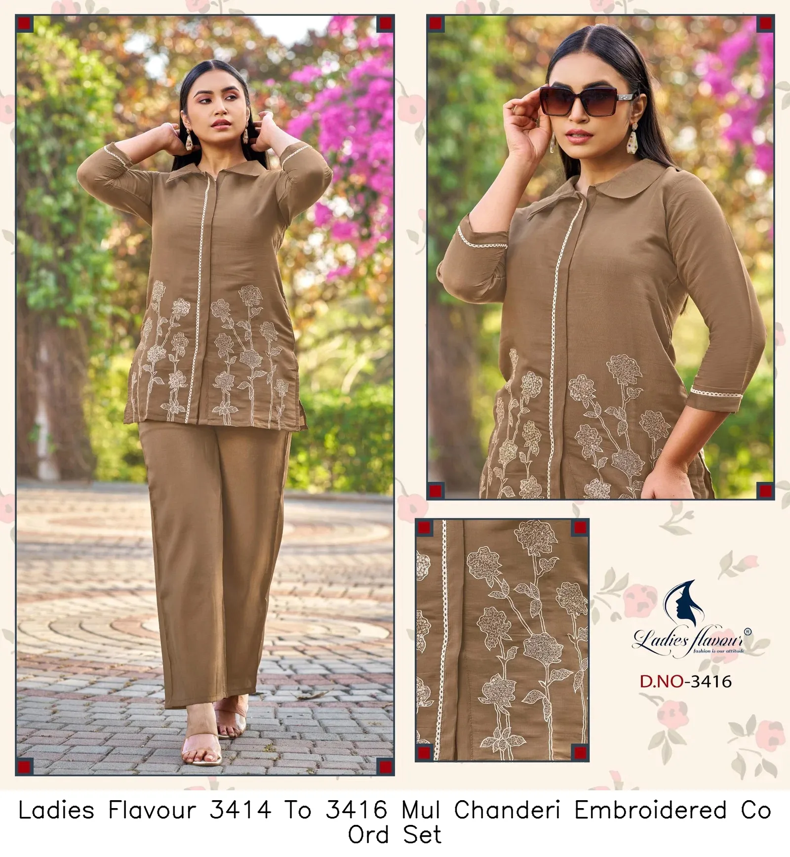 Ladies Flavour 3414 To 3416 Mul Chanderi Embroidered Co Ord Set — Wholesale Cotton Kurti Pant Set, Ladies Flavour wholesale from Surat — view 3