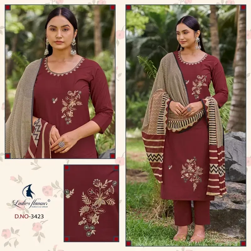 Ladies Flavour 3420 To 3423 Cotton Embroidered Kurti With Bottom DupattaSet