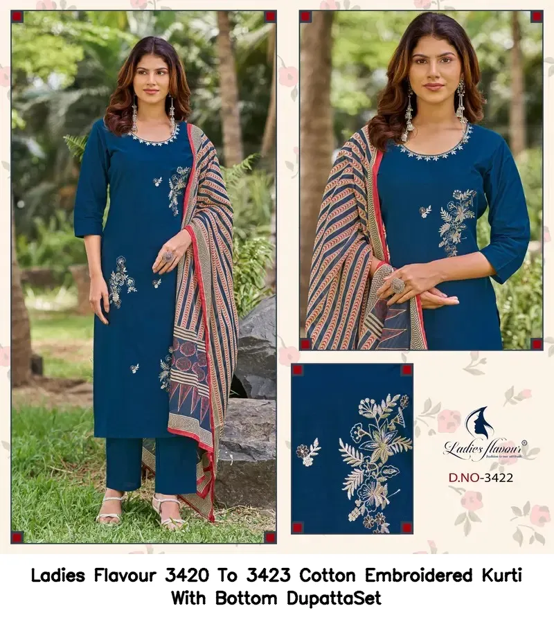 Ladies Flavour 3420 To 3423 Cotton Embroidered Kurti With Bottom DupattaSet — Wholesale Cotton Kurti Pant Set, Ladies Flavour wholesale from Surat - Gallery Image 2