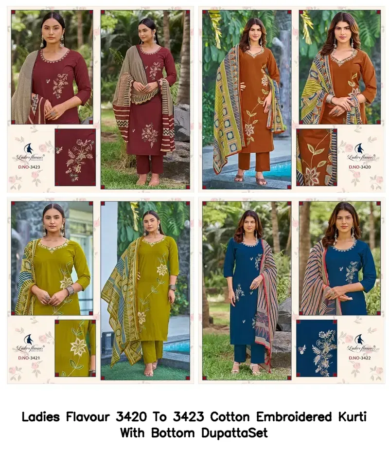 Ladies Flavour 3420 To 3423 Cotton Embroidered Kurti With Bottom DupattaSet — Wholesale Cotton Kurti Pant Set, Ladies Flavour wholesale from Surat - Gallery Image 3