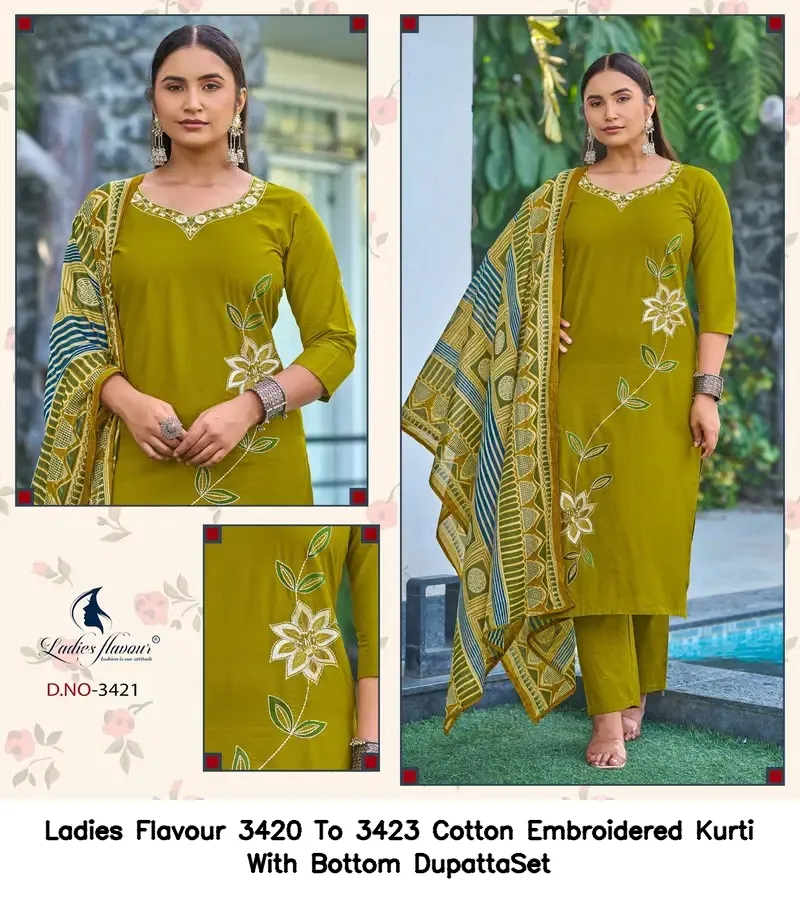 Ladies Flavour 3420 To 3423 Cotton Embroidered Kurti With Bottom DupattaSet — Wholesale Cotton Kurti Pant Set, Ladies Flavour wholesale from Surat - Gallery Image 4