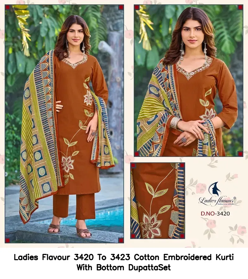 Ladies Flavour 3420 To 3423 Cotton Embroidered Kurti With Bottom DupattaSet — Wholesale Cotton Kurti Pant Set, Ladies Flavour wholesale from Surat - Gallery Image 5