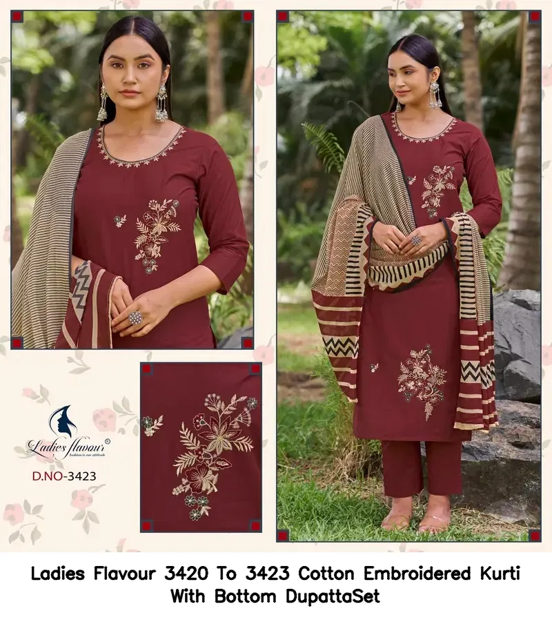 Ladies Flavour 3420 To 3423 Cotton Embroidered Kurti With Bottom DupattaSet — Wholesale Cotton Kurti Pant Set, Ladies Flavour wholesale from Surat — view 6