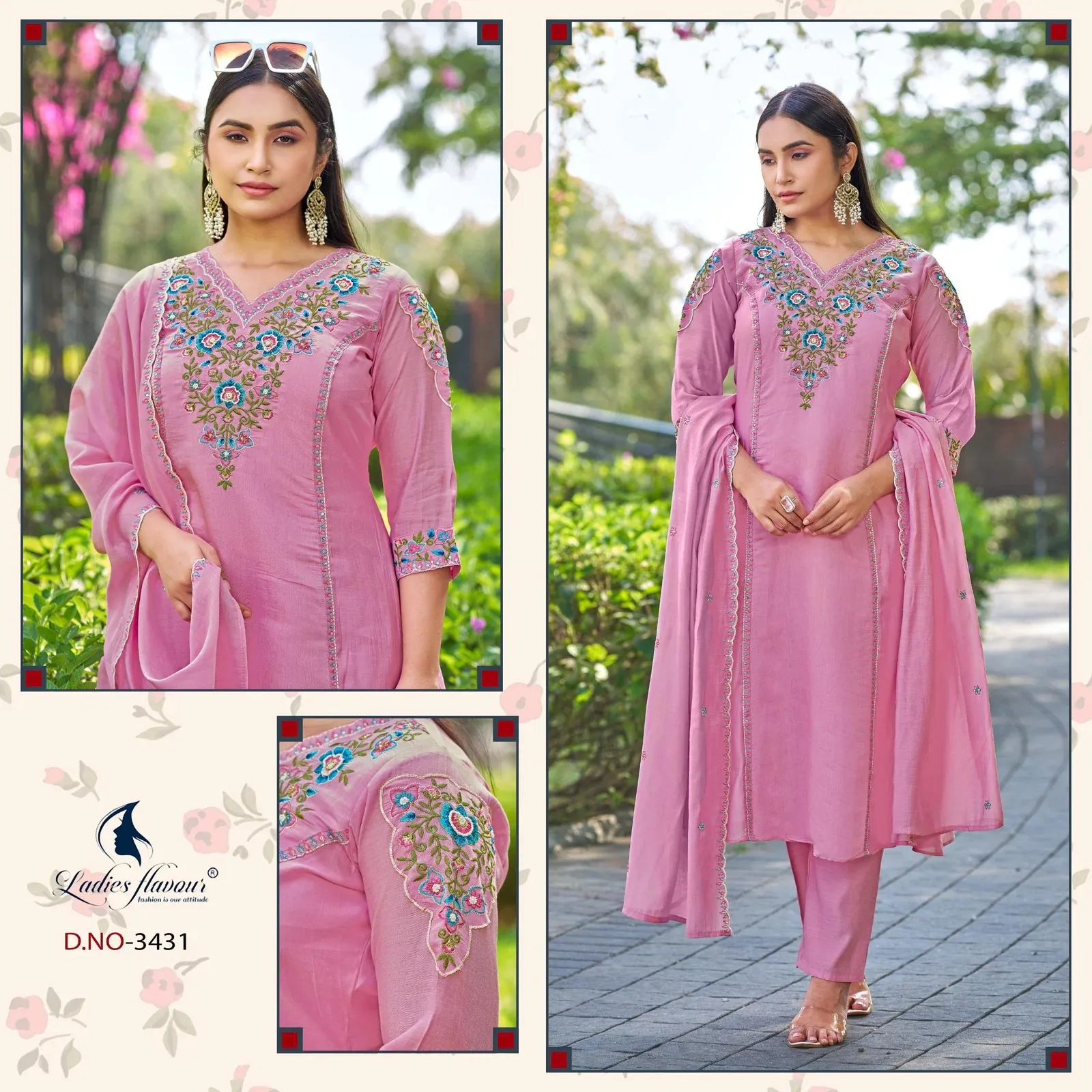 Ladies Flavour 3430 And 3431 Mul Chanderi Embroidered Readymade Suit — Wholesale Kurti With Bottom Dupatta, Ladies Flavour wholesale from Surat — view 1