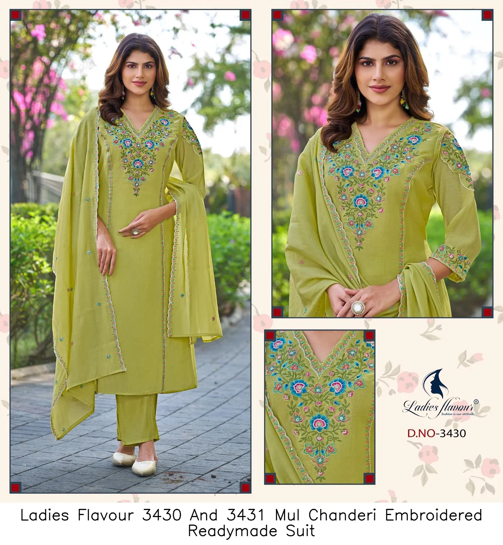 Ladies Flavour 3430 And 3431 Mul Chanderi Embroidered Readymade Suit — Wholesale Kurti With Bottom Dupatta, Ladies Flavour wholesale from Surat - Gallery Image 2