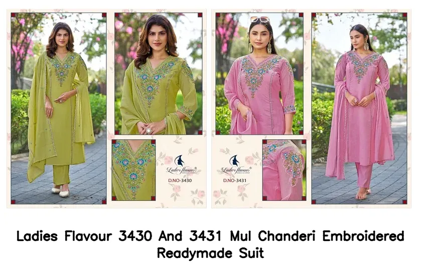 Ladies Flavour 3430 And 3431 Mul Chanderi Embroidered Readymade Suit — Wholesale Kurti With Bottom Dupatta, Ladies Flavour wholesale from Surat — view 3