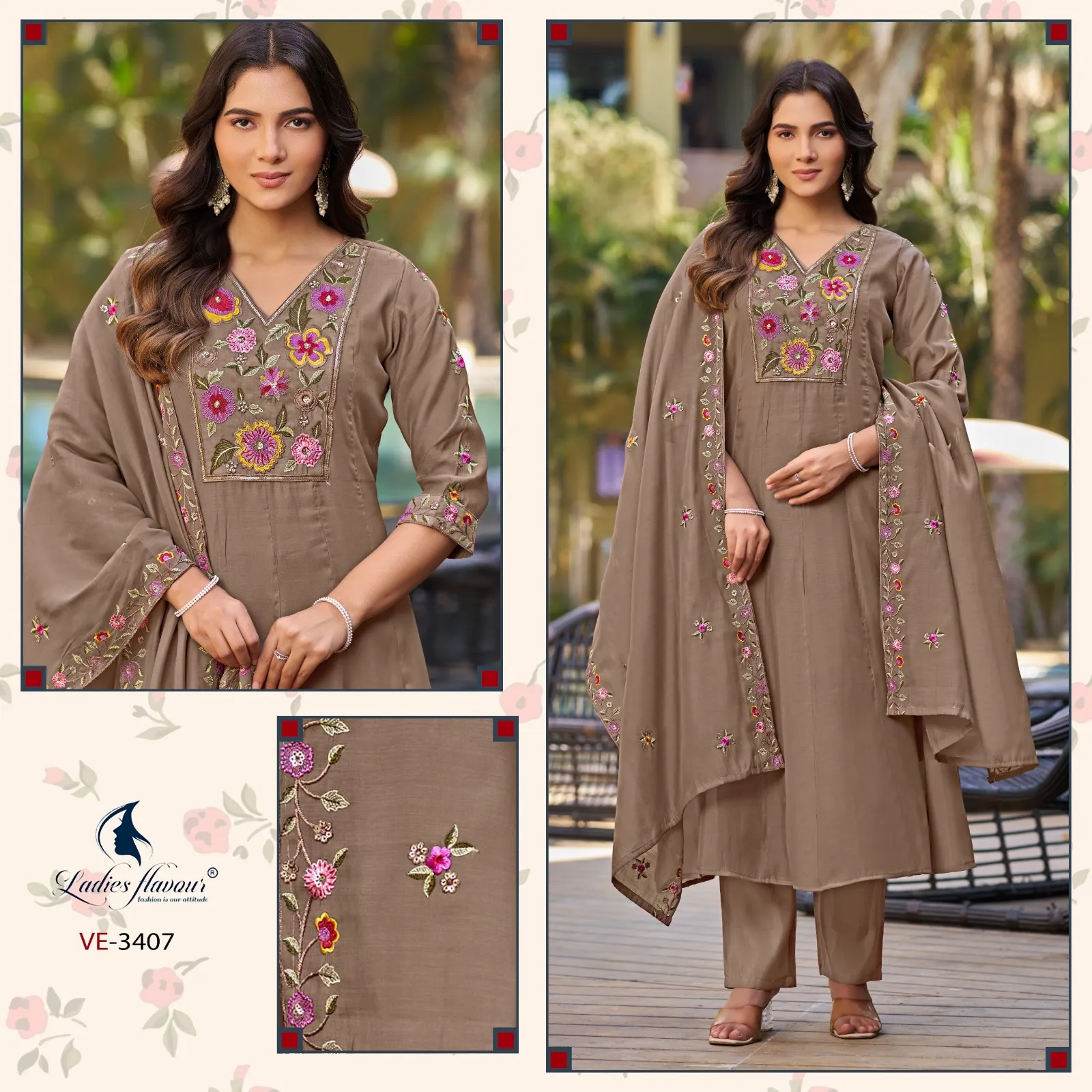 Ladies Flavour Mull Chanderi Embroideiry Readymade Salwar Suit — Wholesale Salwar Suits, Ladies Flavour wholesale from Surat — view 1