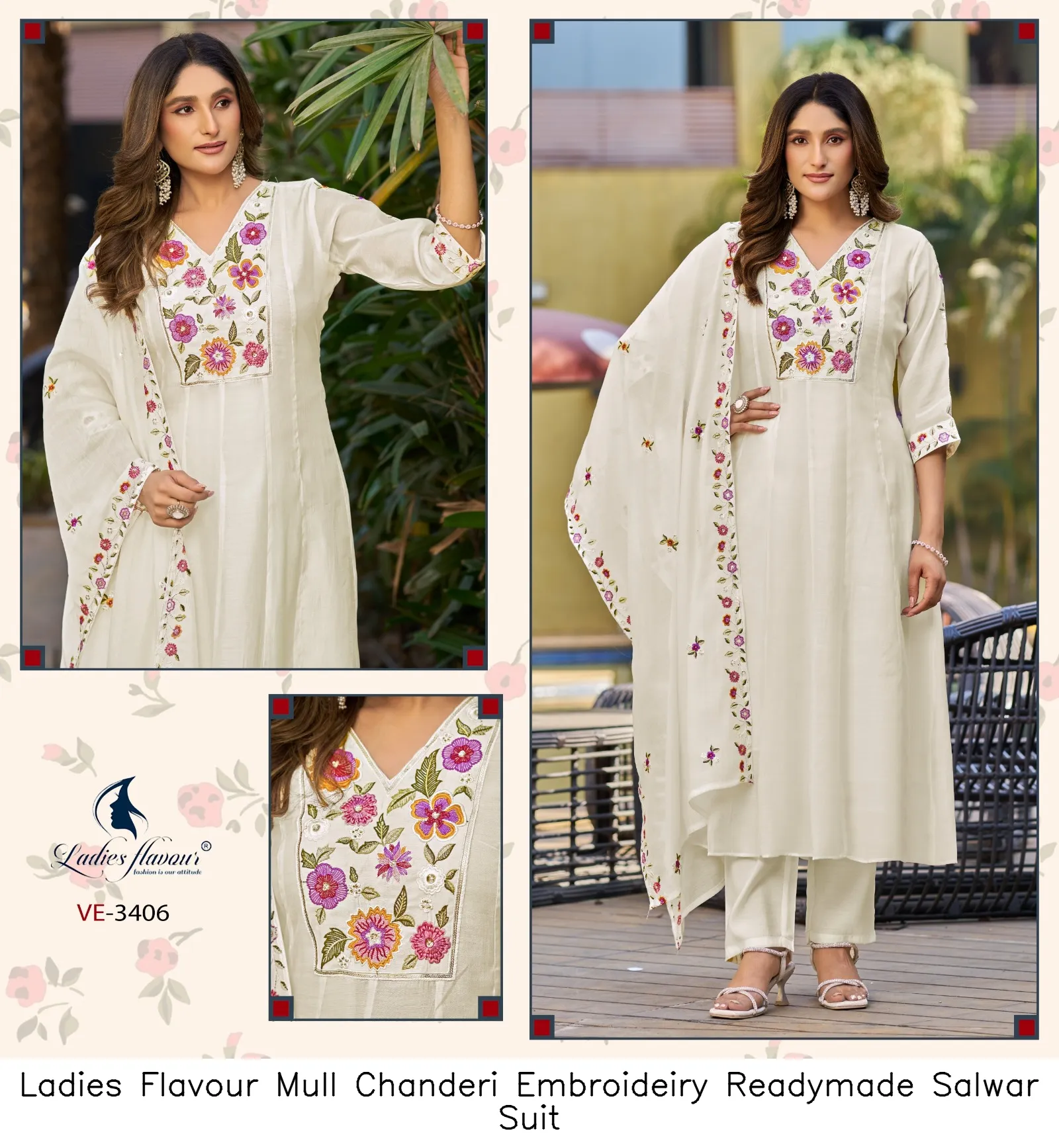 Ladies Flavour  Mull Chanderi Embroideiry Readymade Salwar Suit — Wholesale Salwar Suits, Ladies Flavour wholesale from Surat — view 2