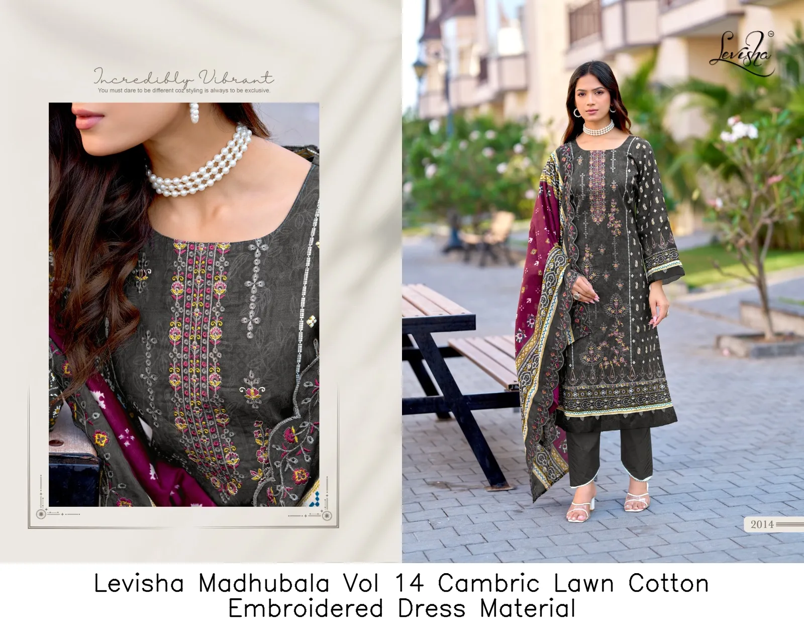 Levisha Madhubala Vol 14 Cambric Lawn Cotton Embroidered Dress Material — Wholesale Pakistani Suits, Levisha wholesale from Surat — view 3