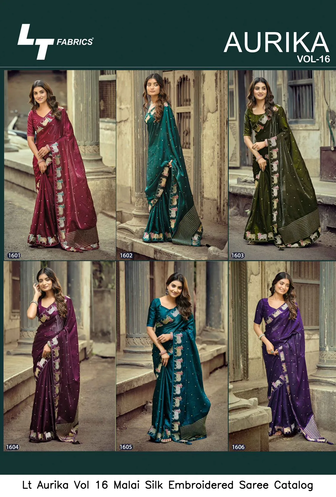 Lt Aurika Vol 16 Malai Silk Embroidered Saree Catalog — Wholesale Sarees, Vardan Ethnic wholesale from Surat — view 6