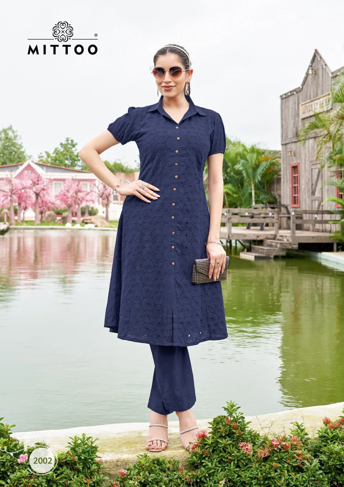 Mittoo Charvi Cotton Boring Work Fancy Top With Bottom Set — Wholesale Cotton Kurti Pant Set, Mittoo wholesale from Surat — view 1