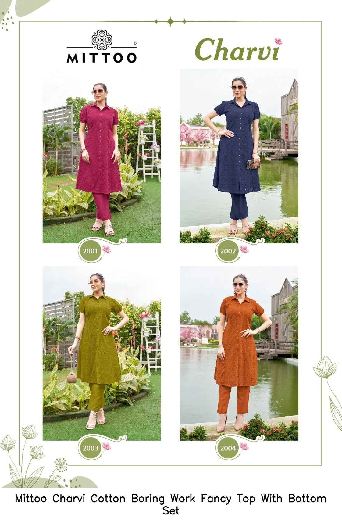 Mittoo Charvi Cotton Boring Work Fancy Top With Bottom Set — Wholesale Cotton Kurti Pant Set, Mittoo wholesale from Surat — view 2
