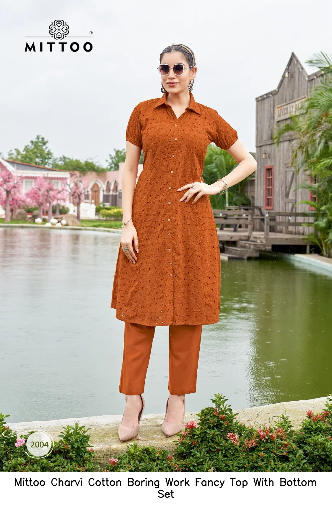Mittoo Charvi Cotton Boring Work Fancy Top With Bottom Set — Wholesale Cotton Kurti Pant Set, Mittoo wholesale from Surat — view 3