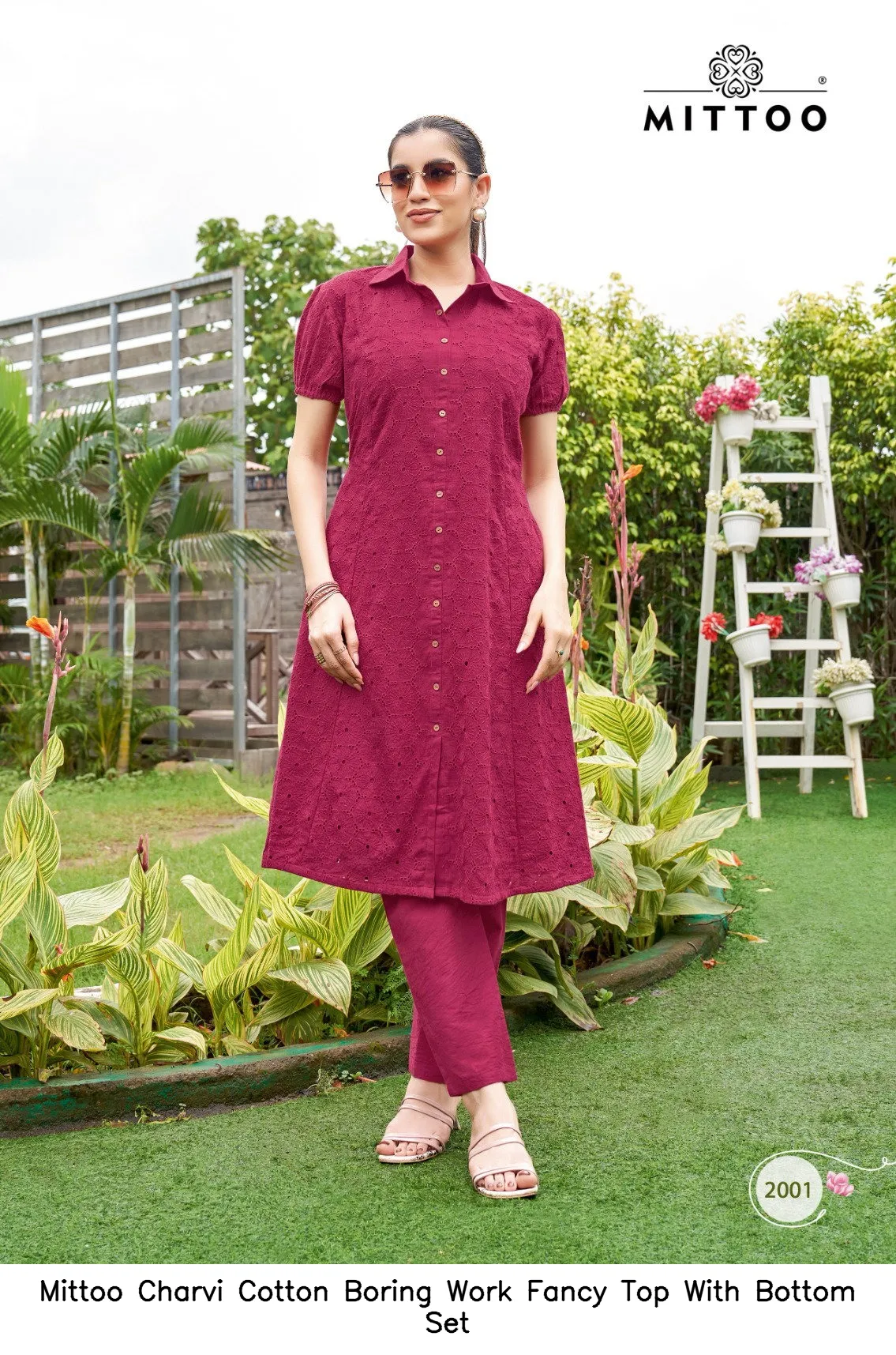 Mittoo Charvi Cotton Boring Work Fancy Top With Bottom Set — Wholesale Cotton Kurti Pant Set, Mittoo wholesale from Surat — view 4