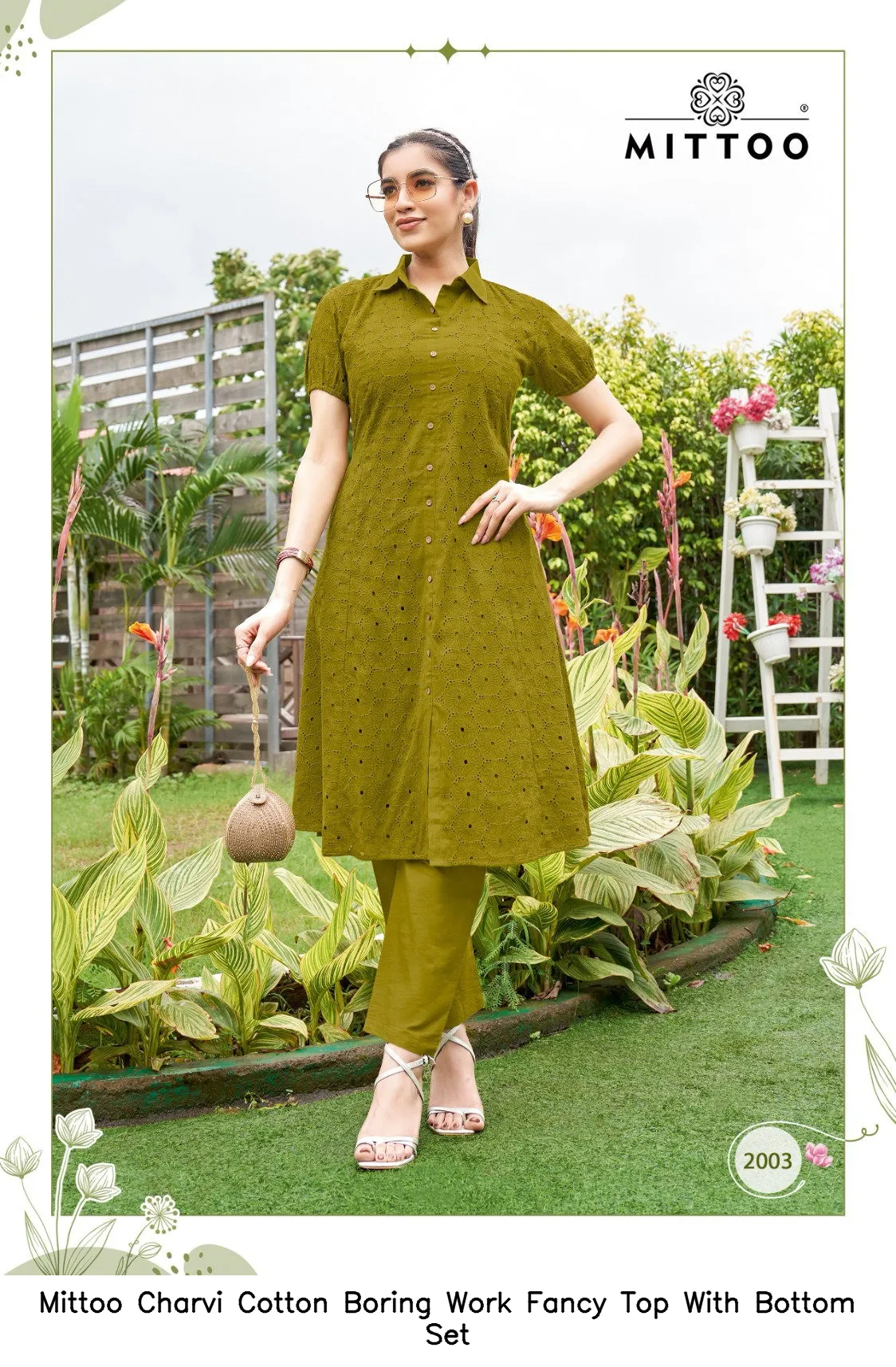 Mittoo Charvi Cotton Boring Work Fancy Top With Bottom Set — Wholesale Cotton Kurti Pant Set, Mittoo wholesale from Surat — view 5