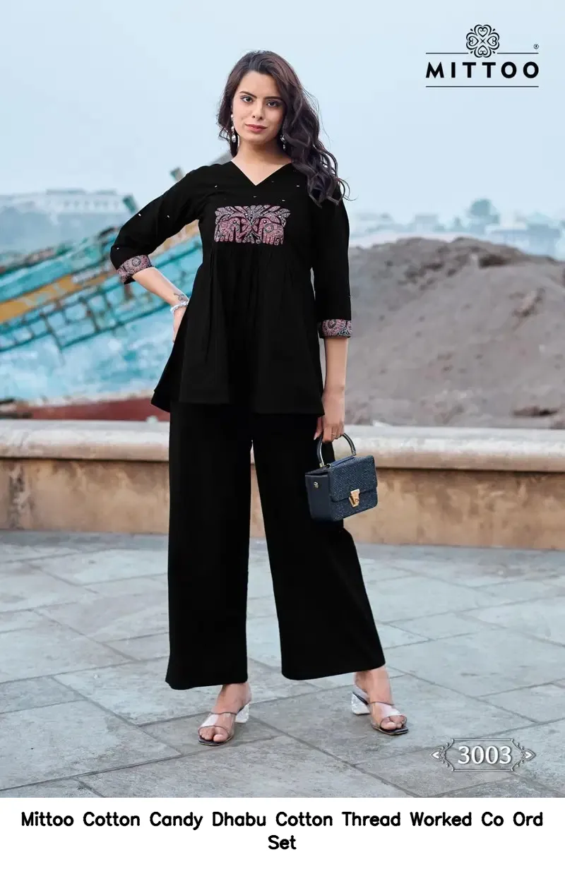 Mittoo Cotton Candy Dhabu Cotton Thread Worked Co Ord Set — Wholesale Cotton Kurti Pant Set, Mittoo wholesale from Surat — view 3