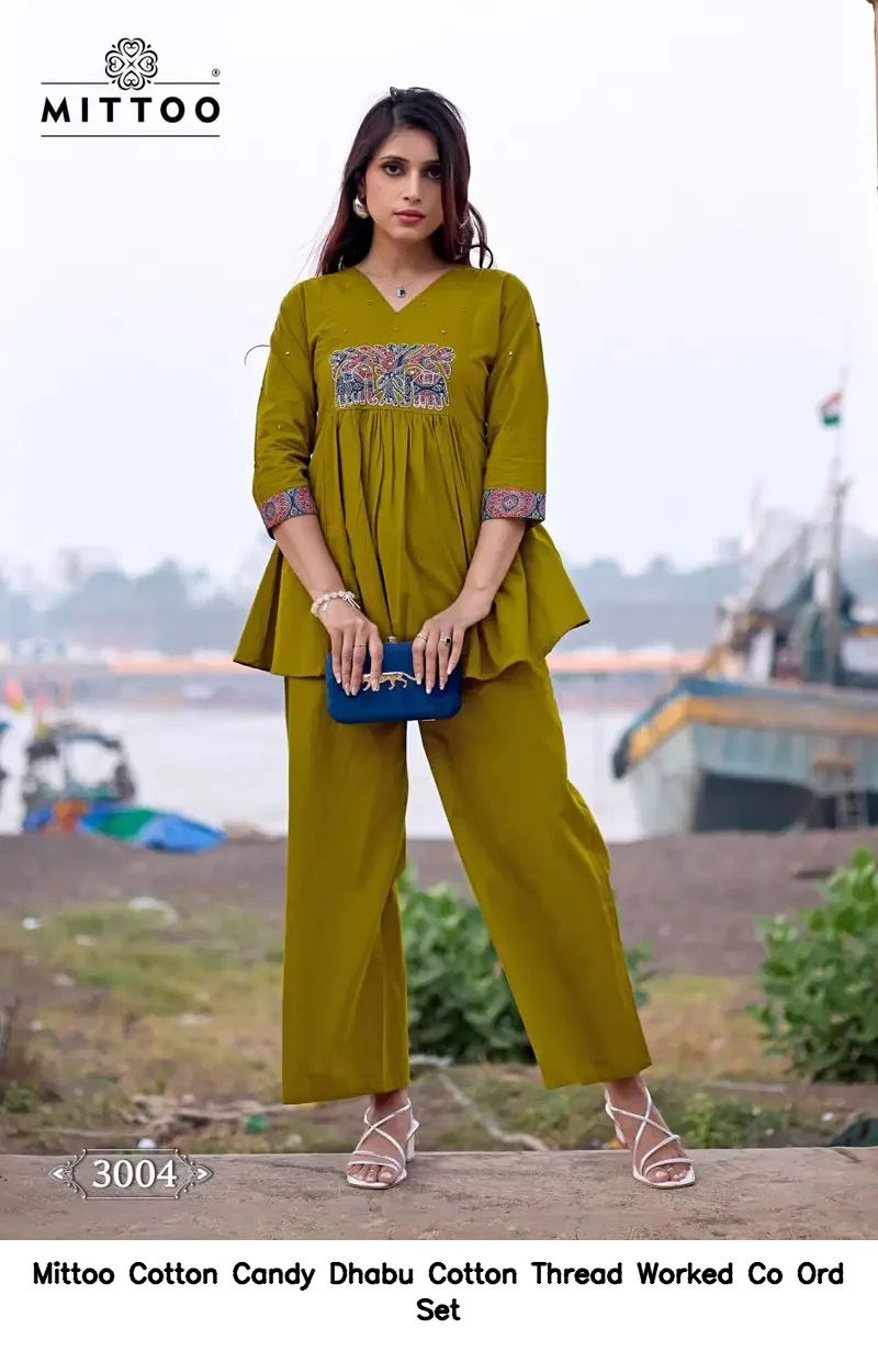 Mittoo Cotton Candy Dhabu Cotton Thread Worked Co Ord Set — Wholesale Cotton Kurti Pant Set, Mittoo wholesale from Surat — view 4
