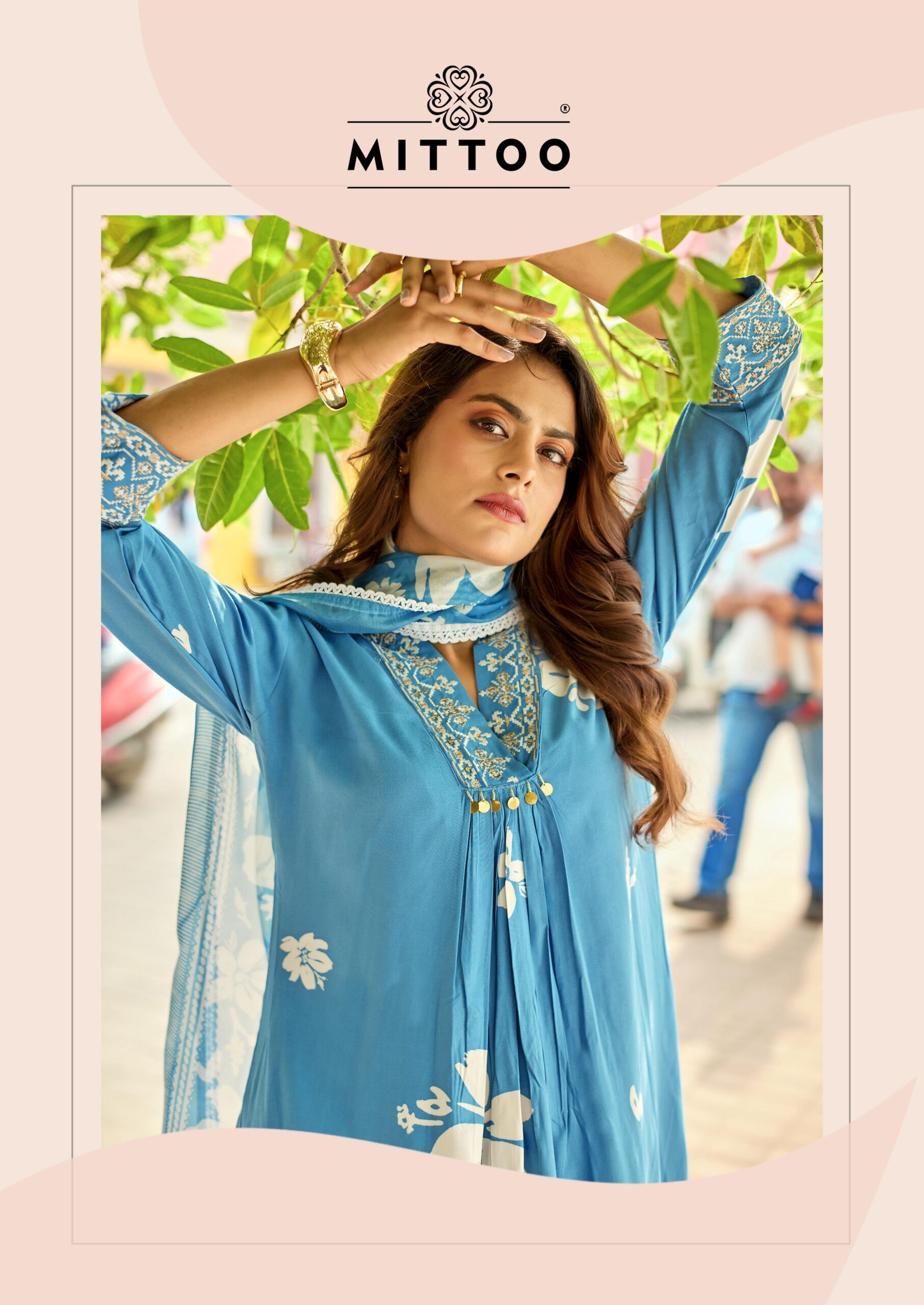 Mittoo Razia Rayon Print Handworked Kurti Set With Dupatta Set — Wholesale Cotton Kurti Pant Set, Mittoo wholesale from Surat — view 10