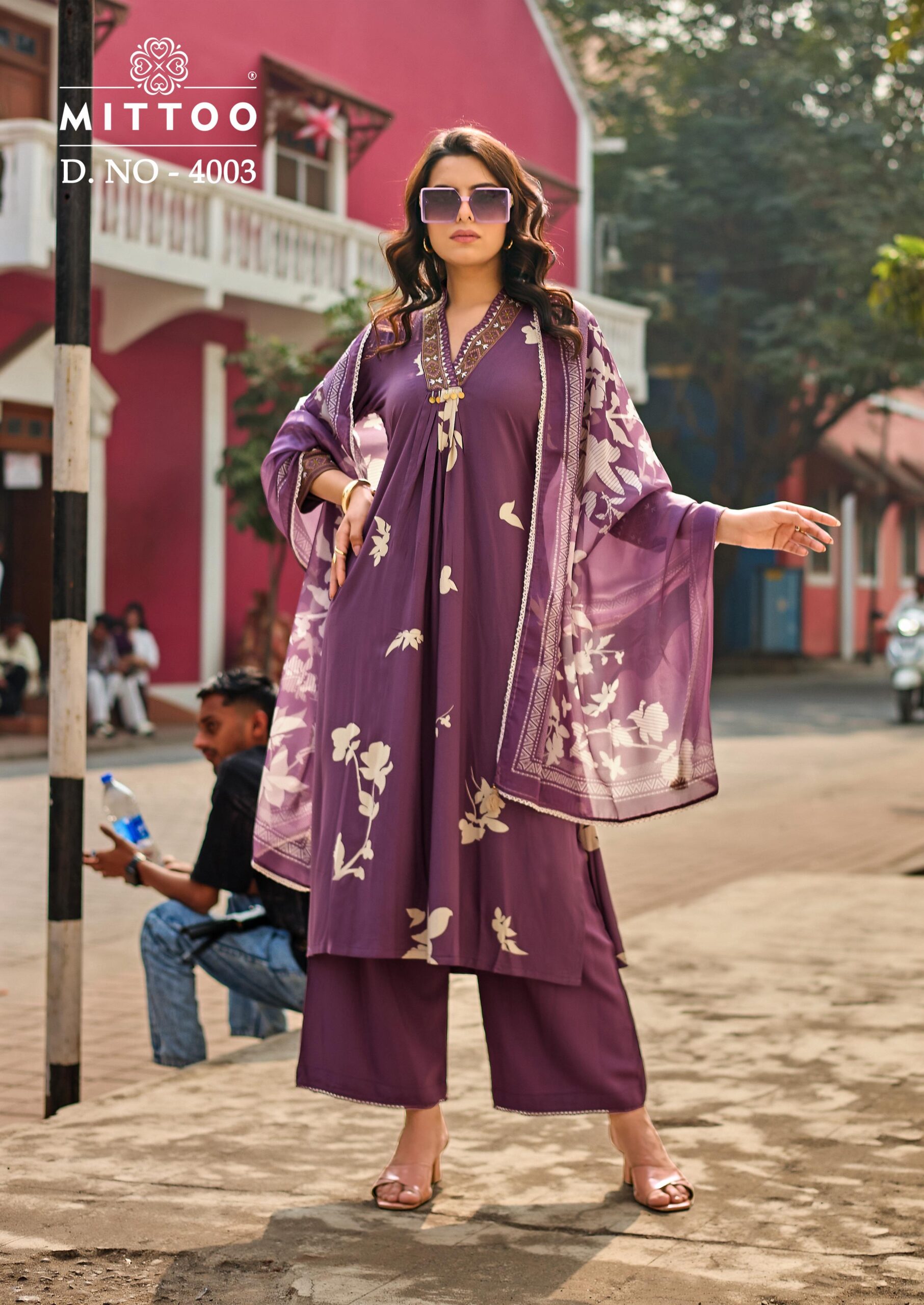 Mittoo Razia Rayon Print Handworked Kurti Set With Dupatta Set — Wholesale Cotton Kurti Pant Set, Mittoo wholesale from Surat — view 9