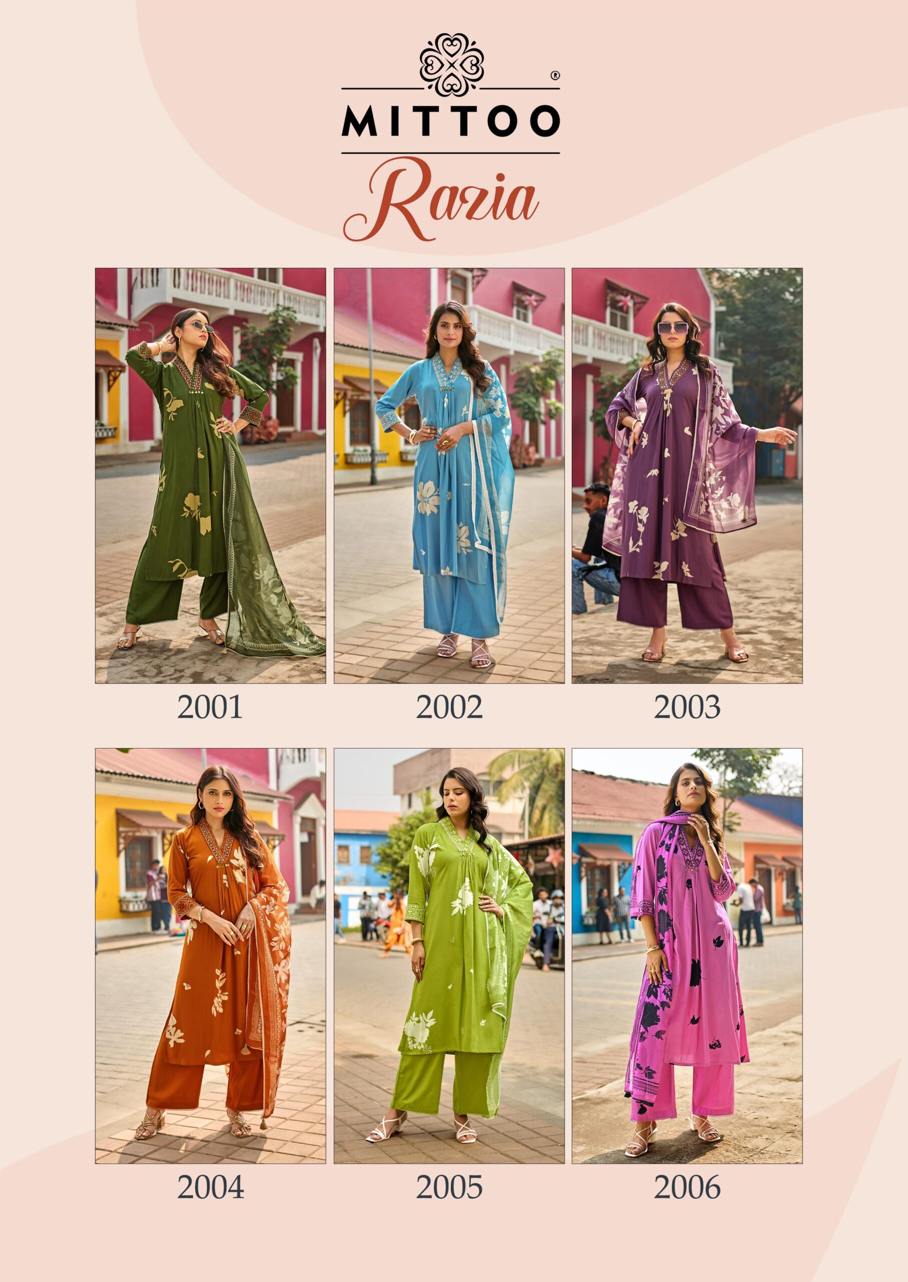 Mittoo Razia Rayon Print Handworked Kurti Set With Dupatta Set — Wholesale Cotton Kurti Pant Set, Mittoo wholesale from Surat — view 4