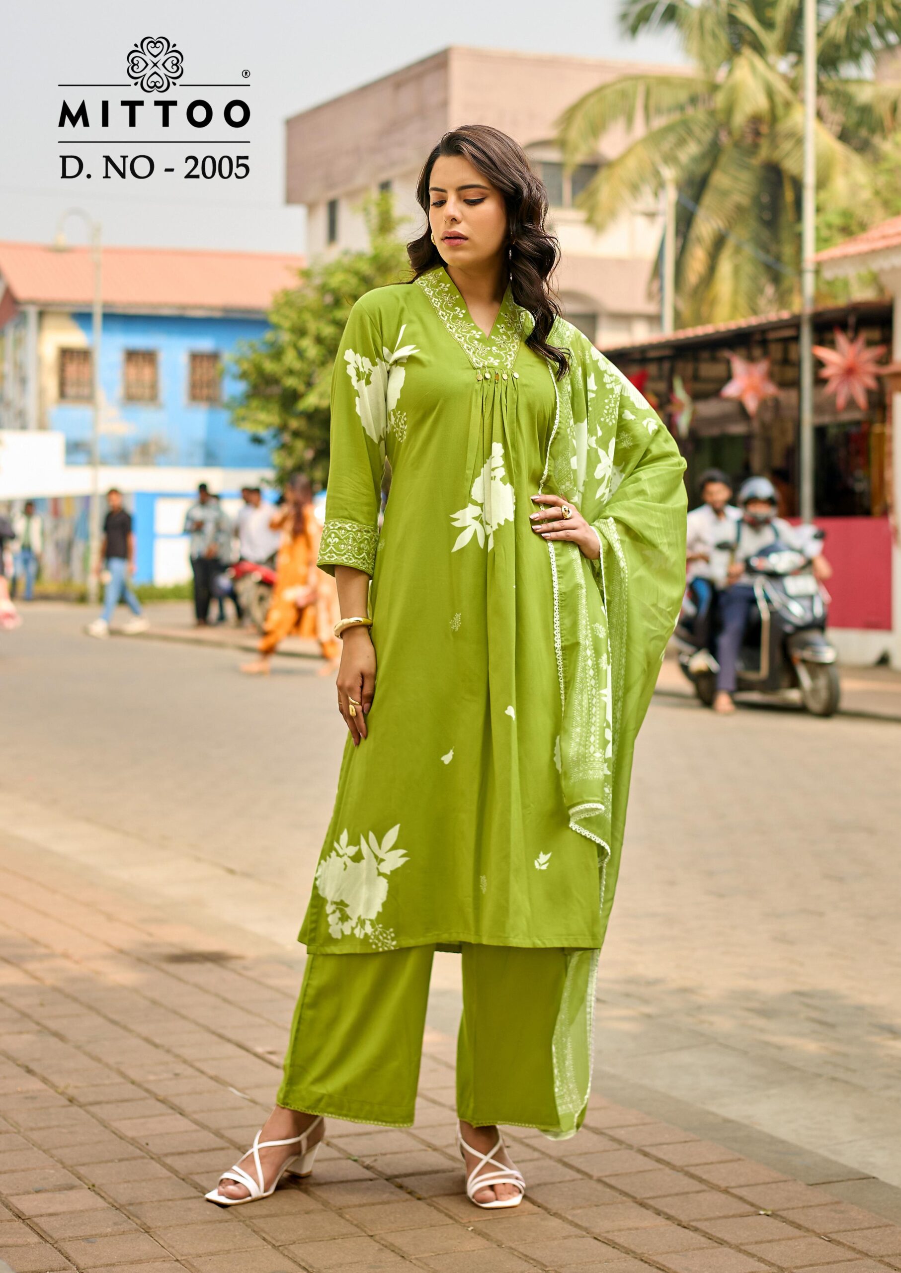 Mittoo Razia Rayon Print Handworked Kurti Set With Dupatta Set — Wholesale Cotton Kurti Pant Set, Mittoo wholesale from Surat — view 8