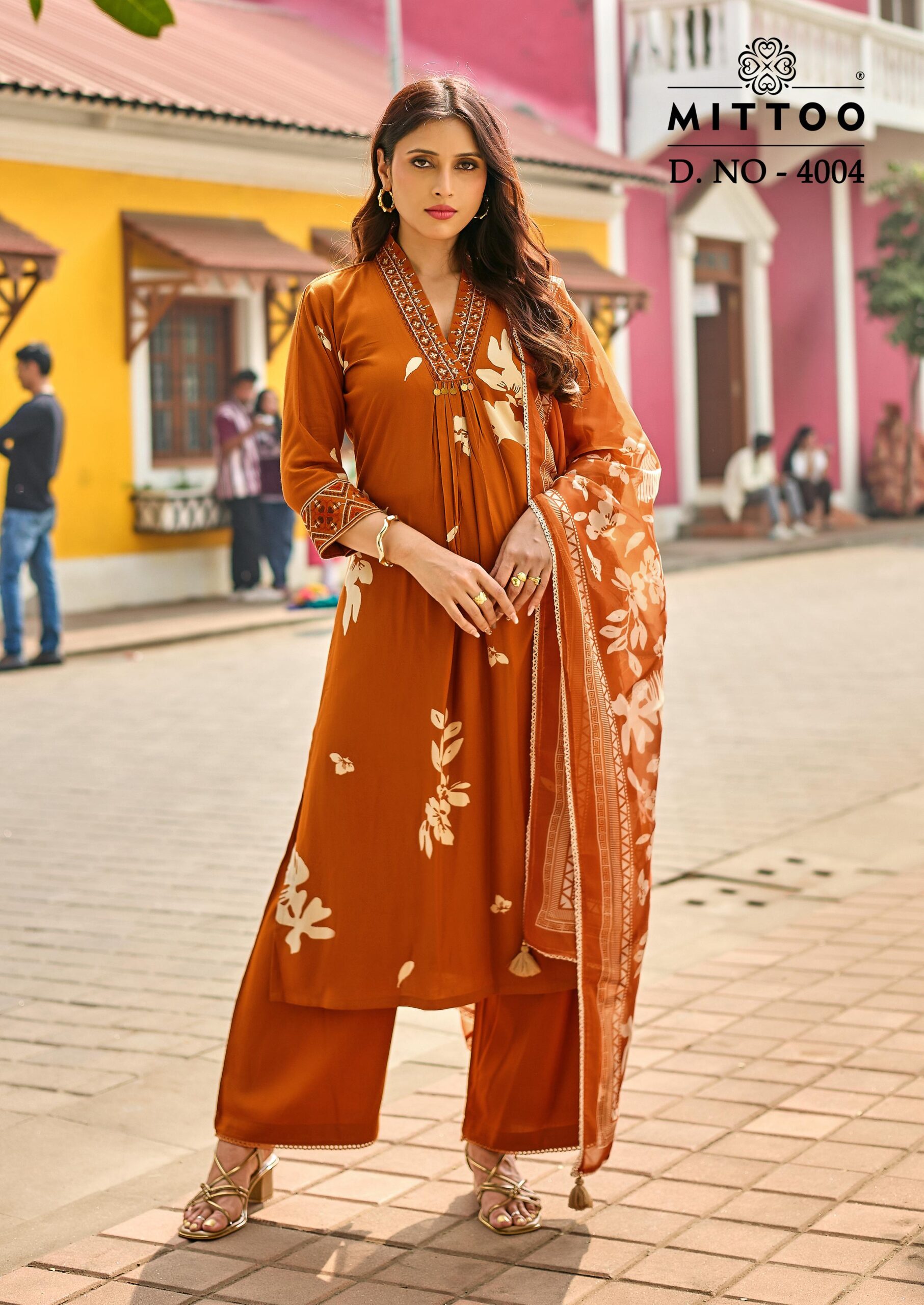 Mittoo Razia Rayon Print Handworked Kurti Set With Dupatta Set — Wholesale Cotton Kurti Pant Set, Mittoo wholesale from Surat — view 3
