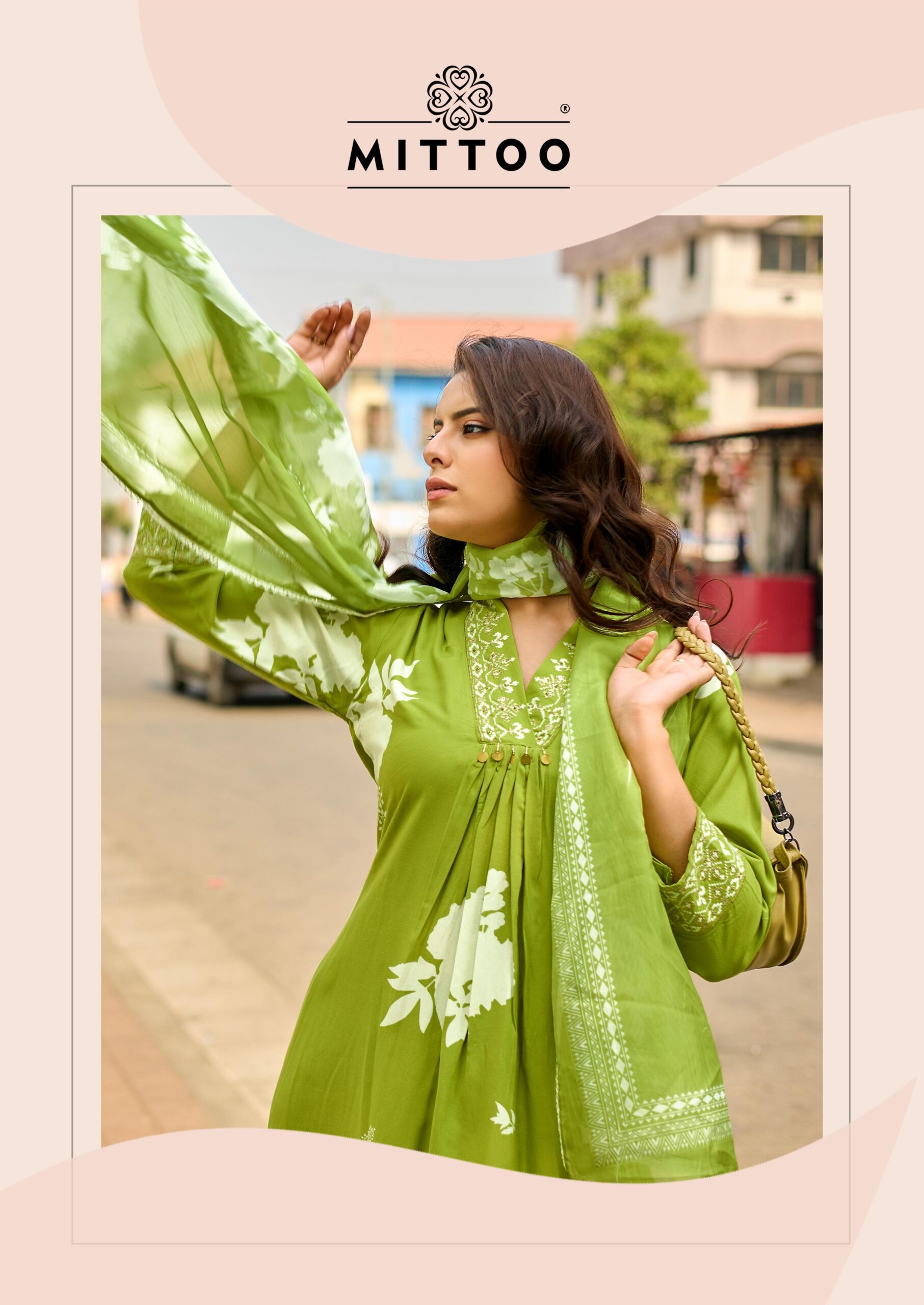 Mittoo Razia Rayon Print Handworked Kurti Set With Dupatta Set — Wholesale Cotton Kurti Pant Set, Mittoo wholesale from Surat — view 7