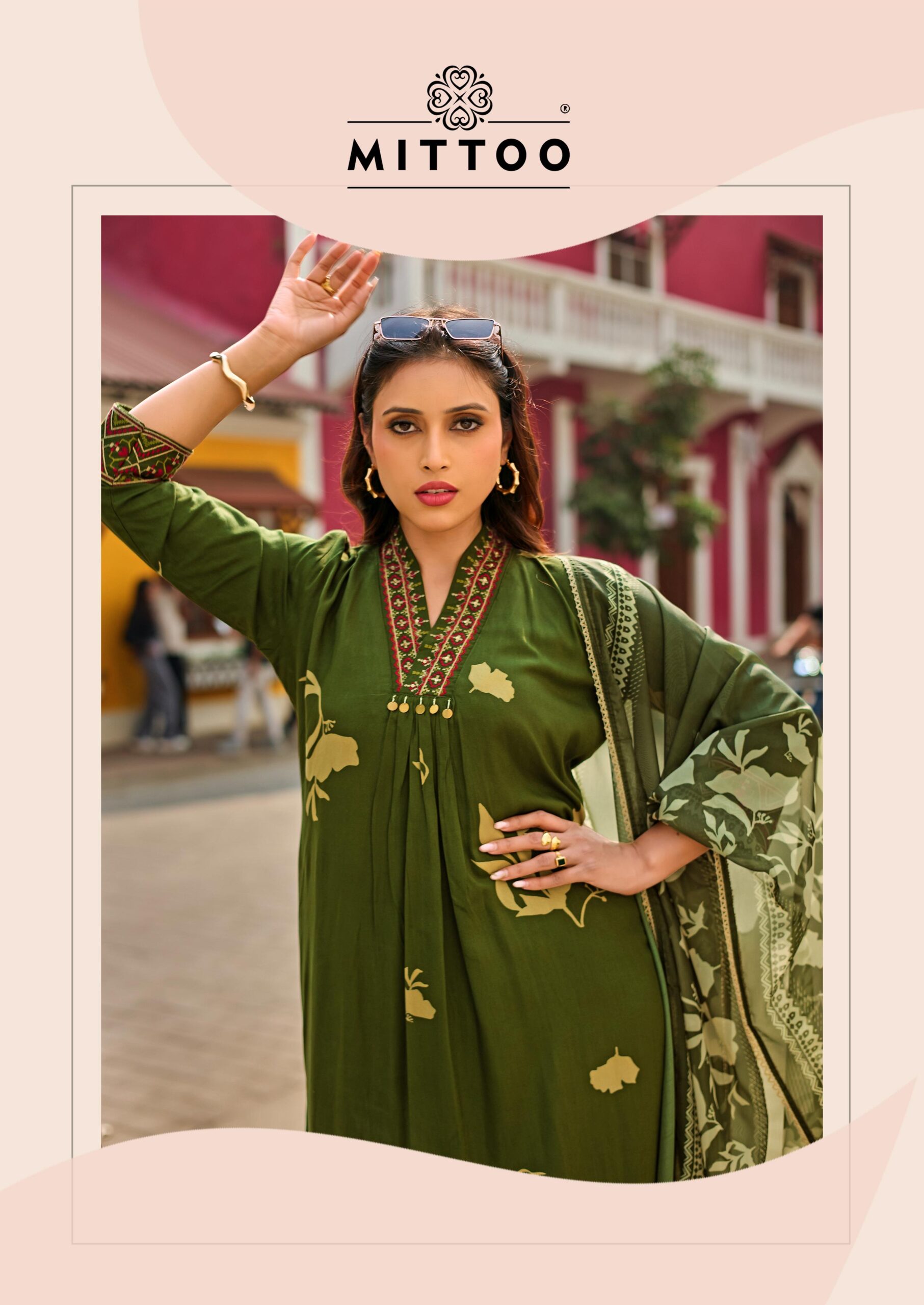 Mittoo Razia Rayon Print Handworked Kurti Set With Dupatta Set — Wholesale Cotton Kurti Pant Set, Mittoo wholesale from Surat — view 6