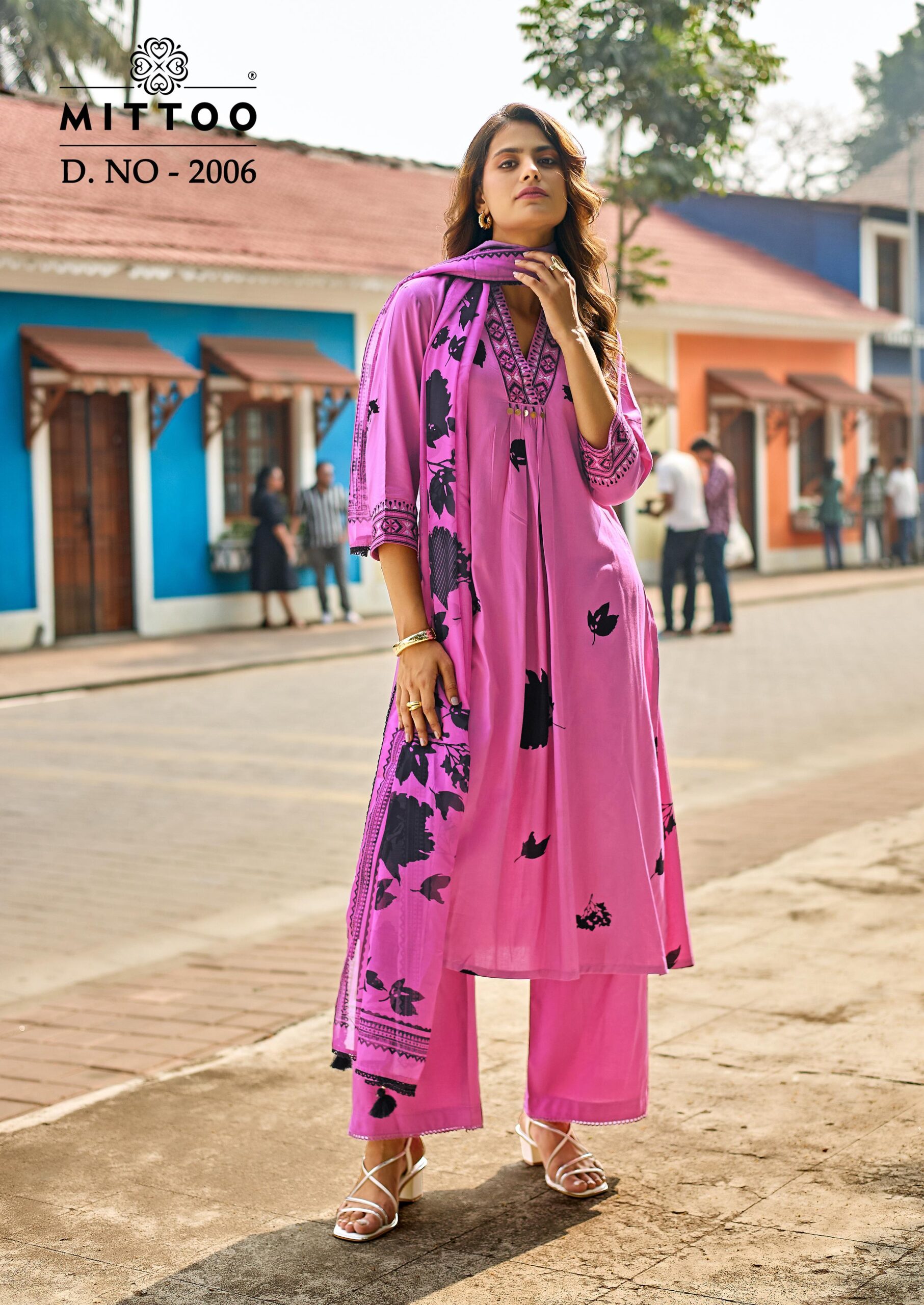 Mittoo Razia Rayon Print Handworked Kurti Set With Dupatta Set — Wholesale Cotton Kurti Pant Set, Mittoo wholesale from Surat — view 5