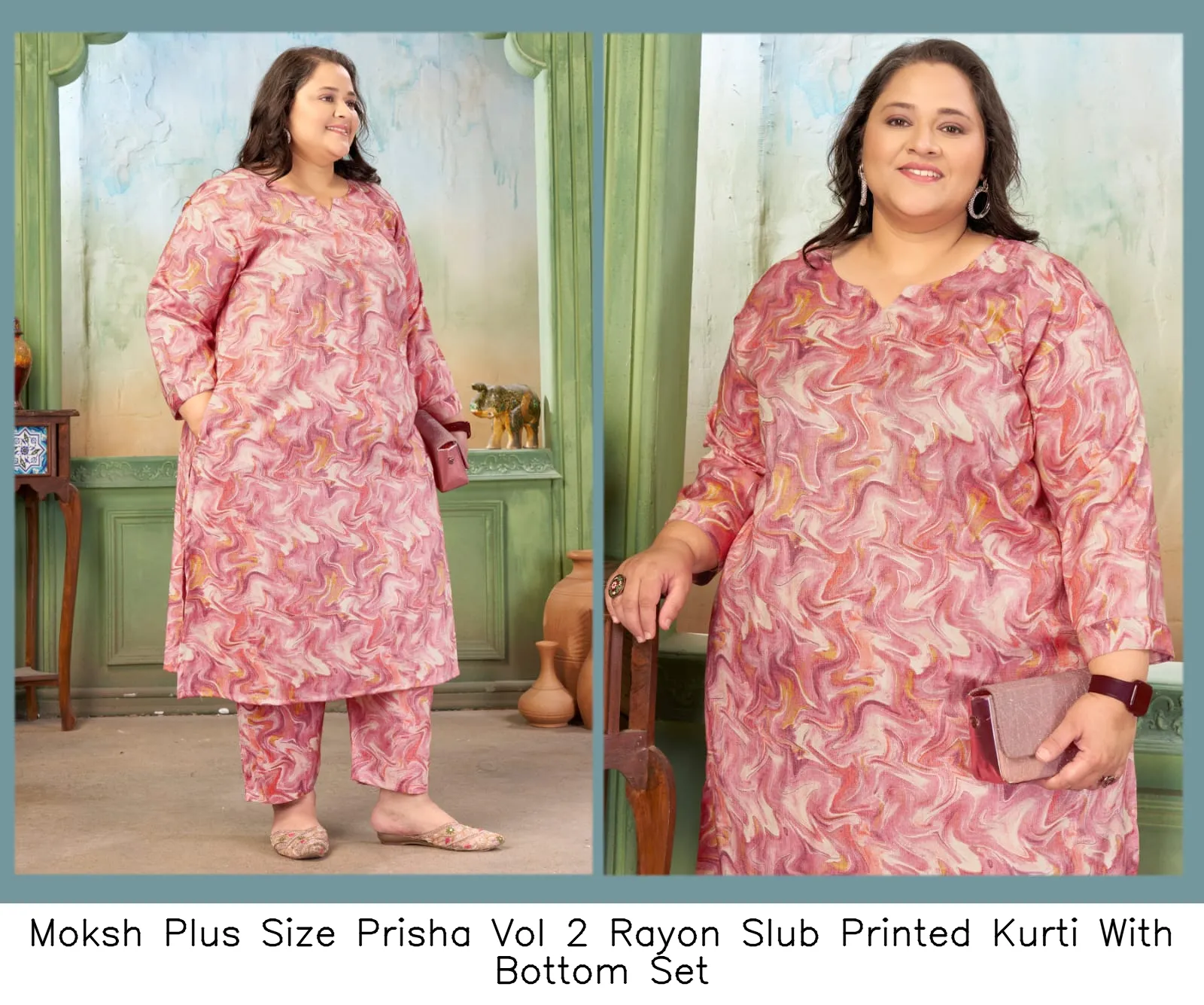 Moksh Plus Size Prisha Vol 2 Rayon Slub Printed Kurti With Bottom Set — Wholesale Cotton Kurti Pant Set, Moksh wholesale from Surat - Gallery Image 2