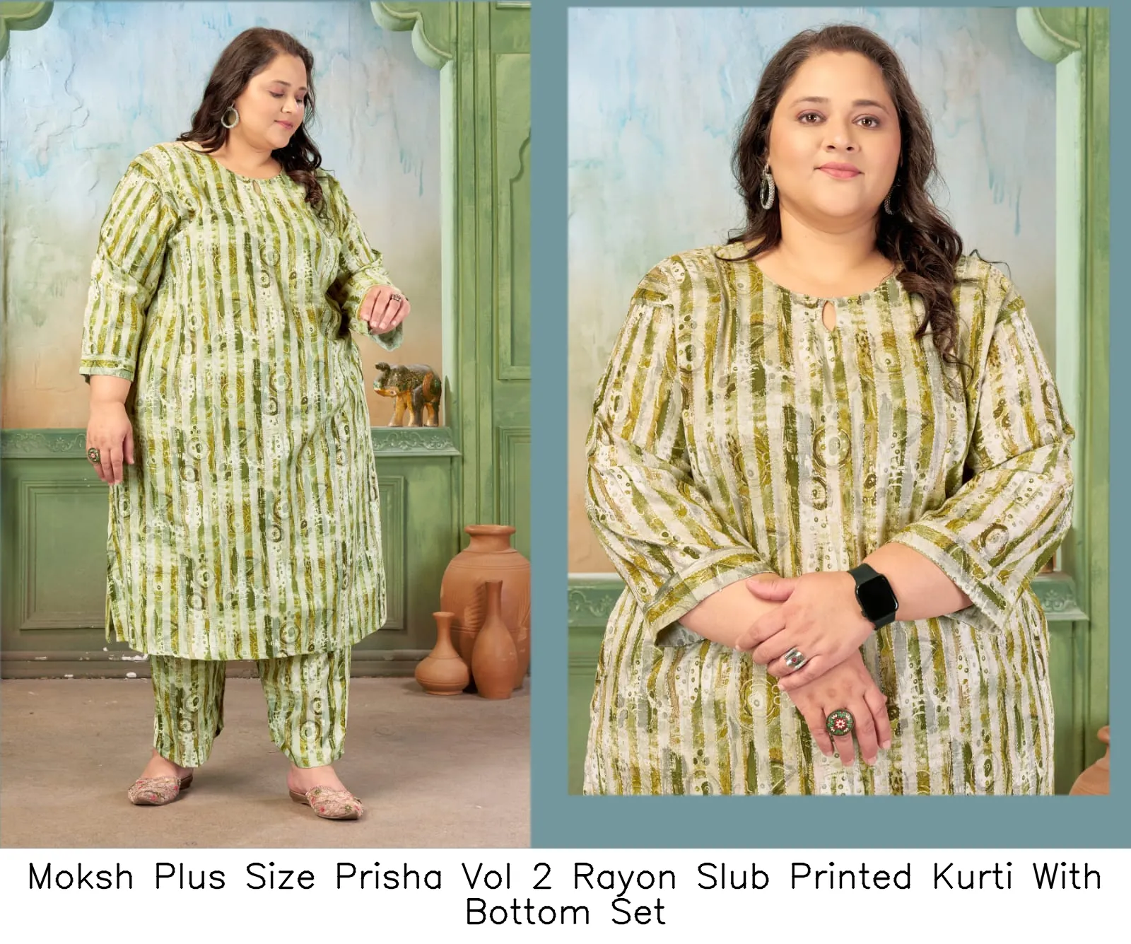 Moksh Plus Size Prisha Vol 2 Rayon Slub Printed Kurti With Bottom Set — Wholesale Cotton Kurti Pant Set, Moksh wholesale from Surat - Gallery Image 3