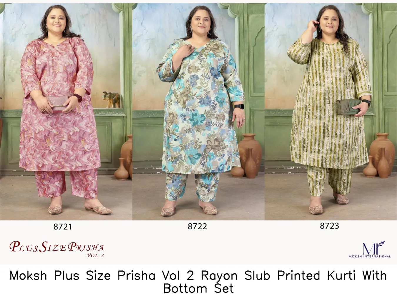 Moksh Plus Size Prisha Vol 2 Rayon Slub Printed Kurti With Bottom Set — Wholesale Cotton Kurti Pant Set, Moksh wholesale from Surat - Gallery Image 4