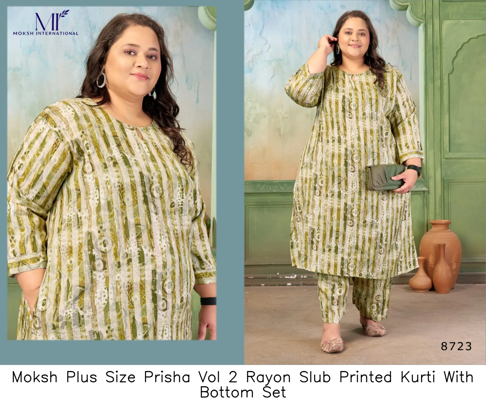 Moksh Plus Size Prisha Vol 2 Rayon Slub Printed Kurti With Bottom Set — Wholesale Cotton Kurti Pant Set, Moksh wholesale from Surat - Gallery Image 5