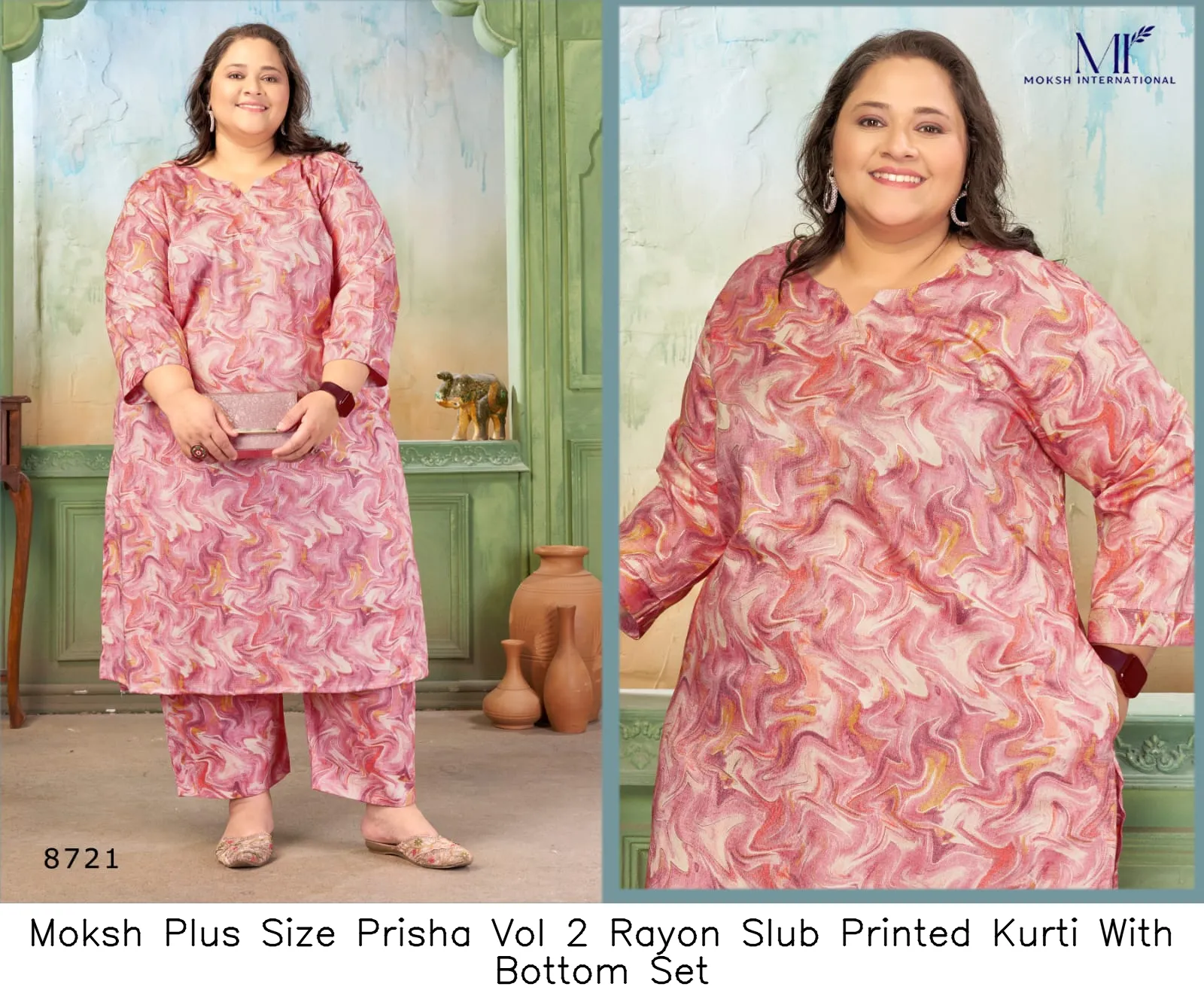 Moksh Plus Size Prisha Vol 2 Rayon Slub Printed Kurti With Bottom Set — Wholesale Cotton Kurti Pant Set, Moksh wholesale from Surat — view 6