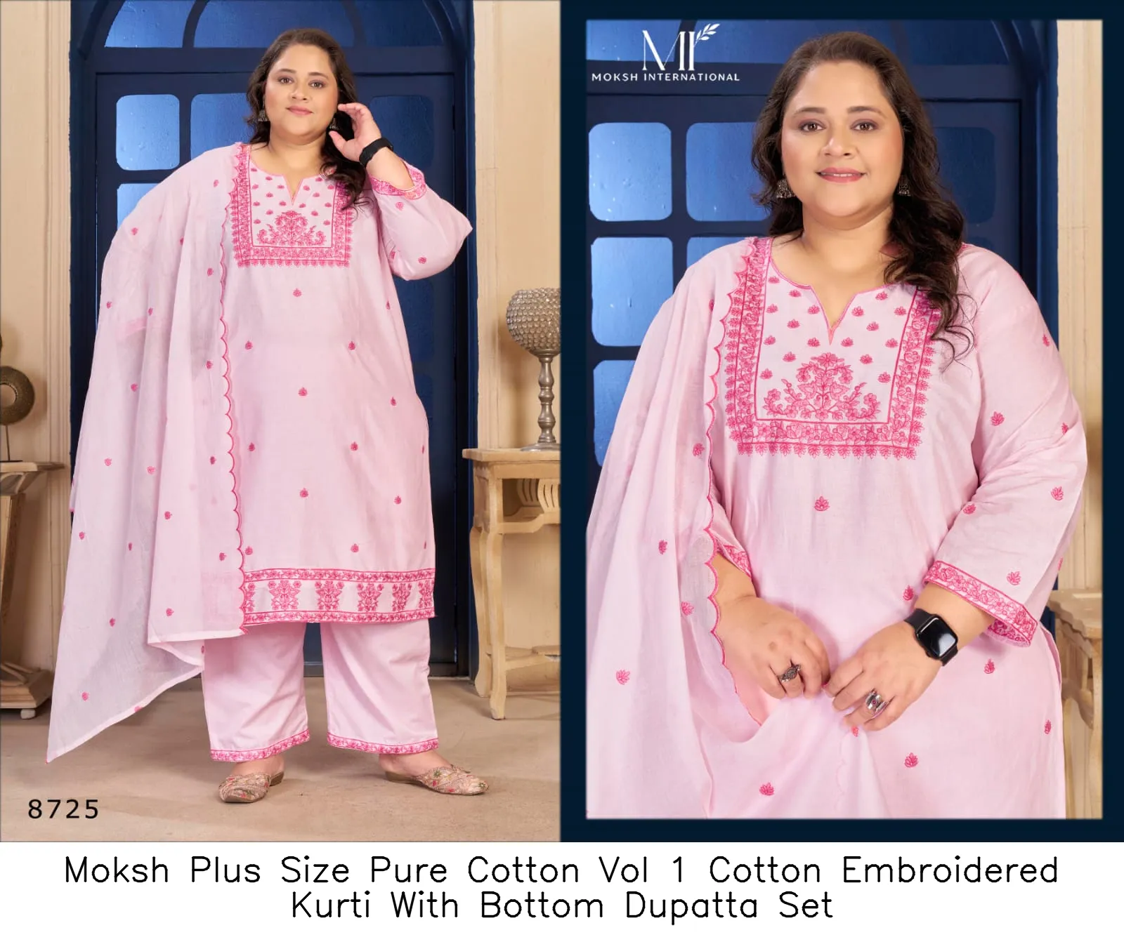 Moksh Plus Size Pure Cotton Vol 1 Cotton Embroidered Kurti With Bottom Dupatta Set — Wholesale Readymade Suit, Moksh wholesale from Surat - Gallery Image 2