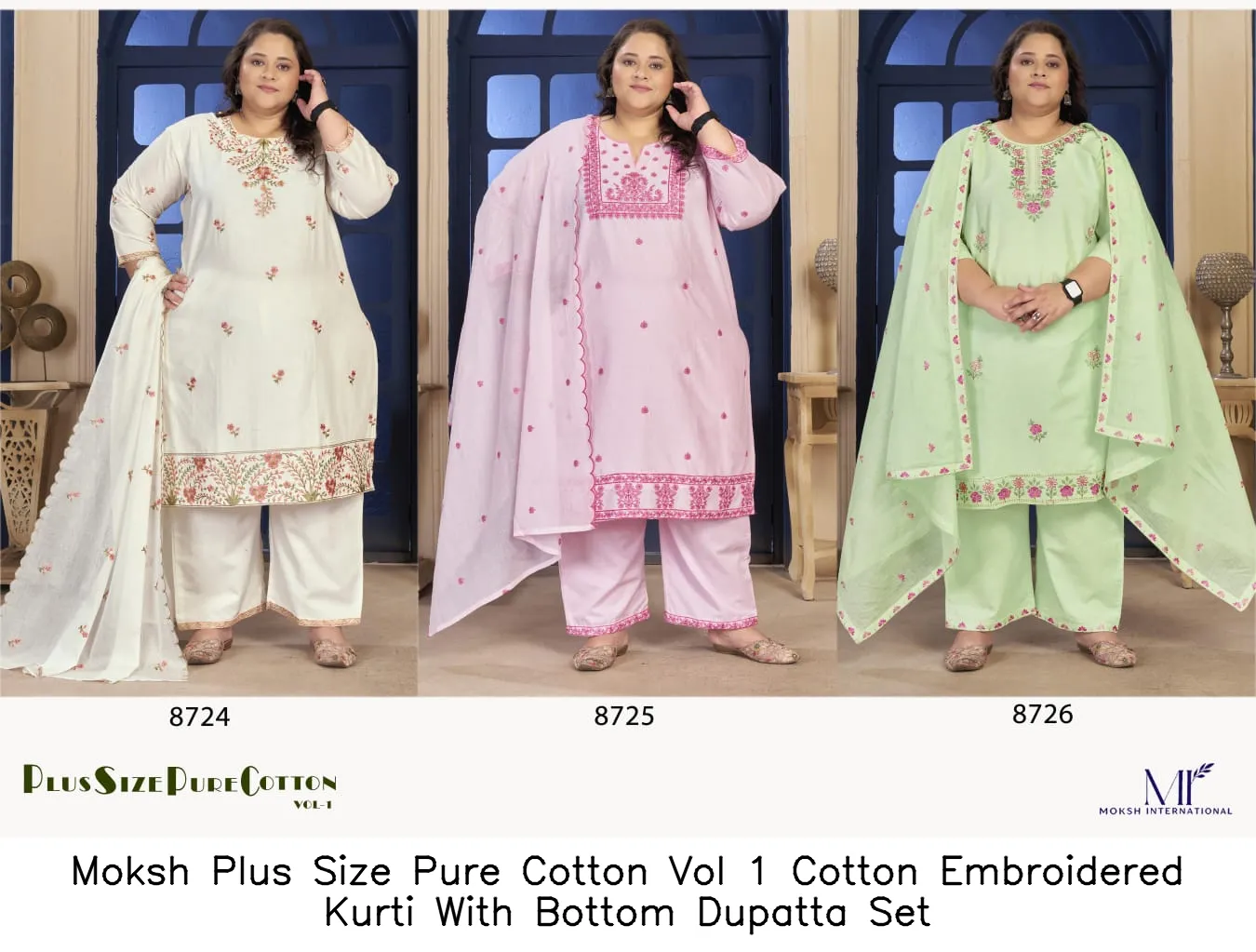 Moksh Plus Size Pure Cotton Vol 1 Cotton Embroidered Kurti With Bottom Dupatta Set — Wholesale Readymade Suit, Moksh wholesale from Surat - Gallery Image 3