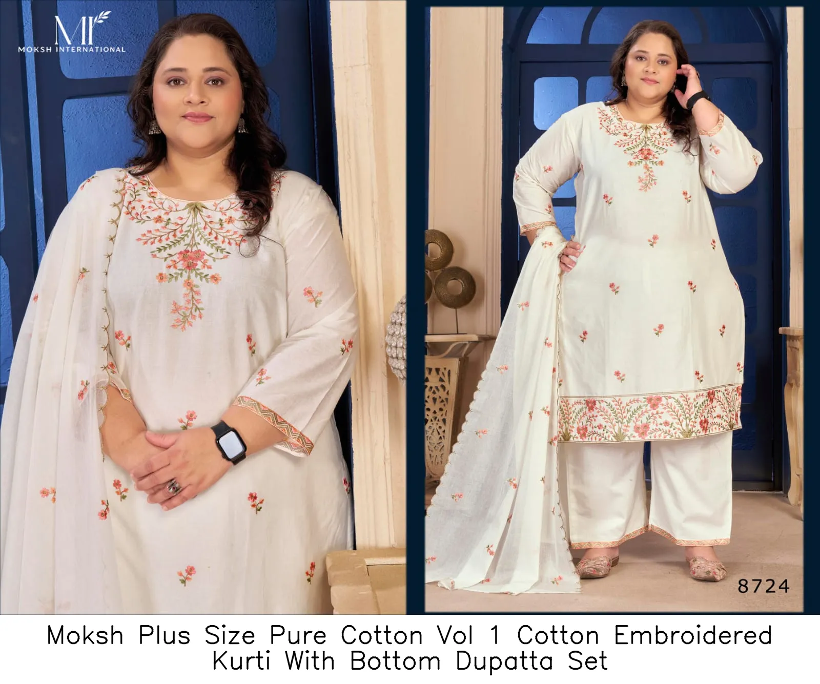 Moksh Plus Size Pure Cotton Vol 1 Cotton Embroidered Kurti With Bottom Dupatta Set — Wholesale Readymade Suit, Moksh wholesale from Surat — view 4