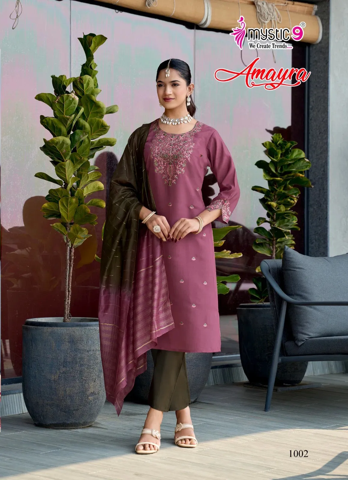 Mystic 9 Amayra Vol 1 Roman Silk Straight Readymade Suit — Wholesale Kurti With Bottom Dupatta, Mystic 9 wholesale from Surat — view 1