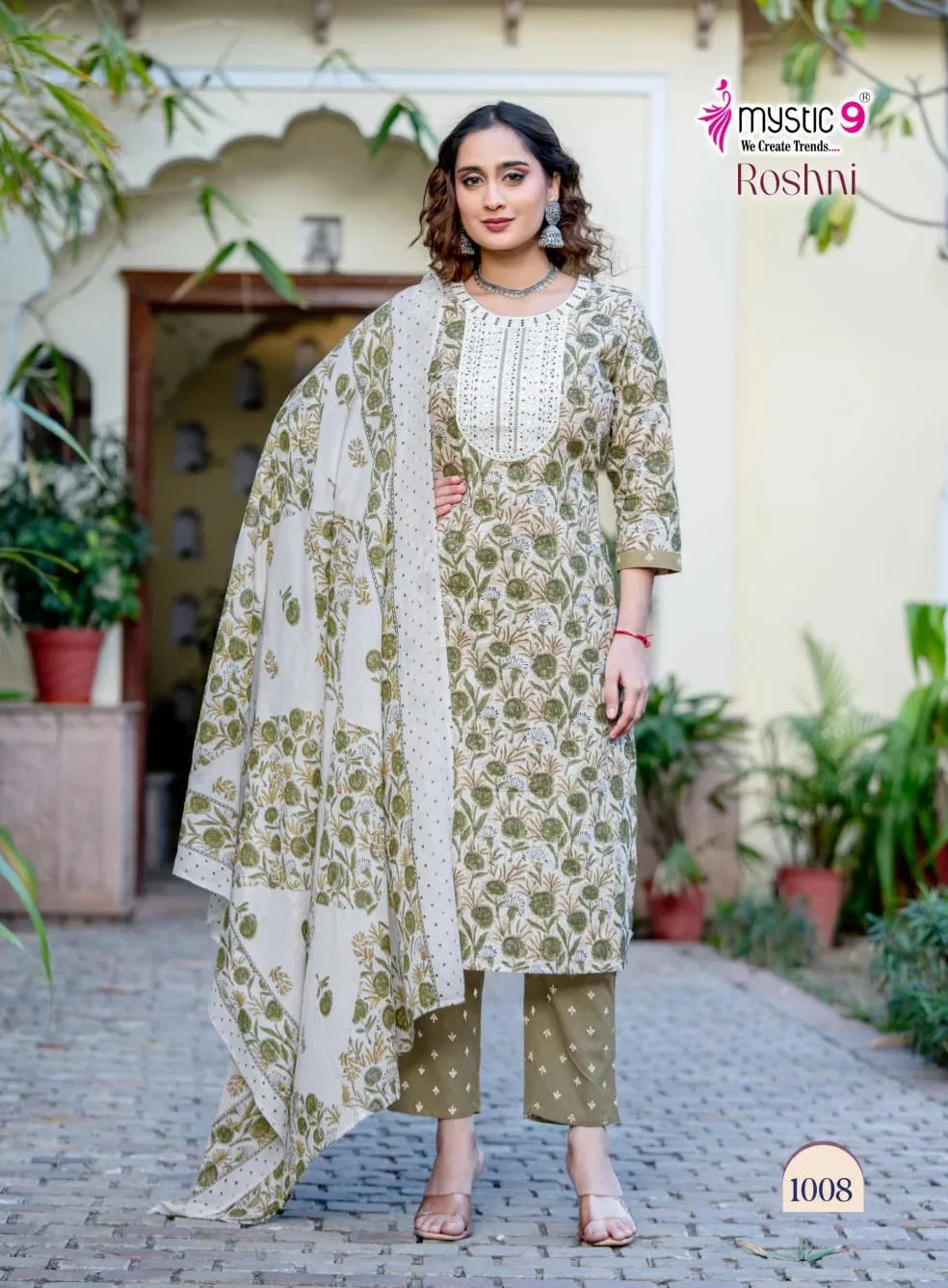 Mystic 9 Roshani Vol 1 Premium Quality Cambric Cotton Readymade Suit — Wholesale Kurti With Bottom Dupatta, Mystic 9 wholesale from Surat — view 1