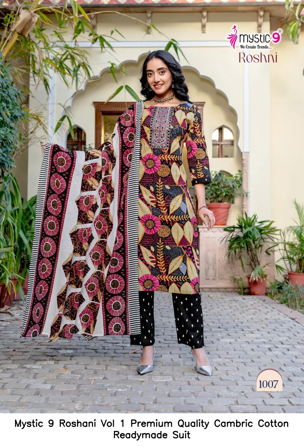Mystic 9 Roshani Vol 1 Premium Quality Cambric Cotton Readymade Suit — Wholesale Kurti With Bottom Dupatta, Mystic 9 wholesale from Surat — view 3