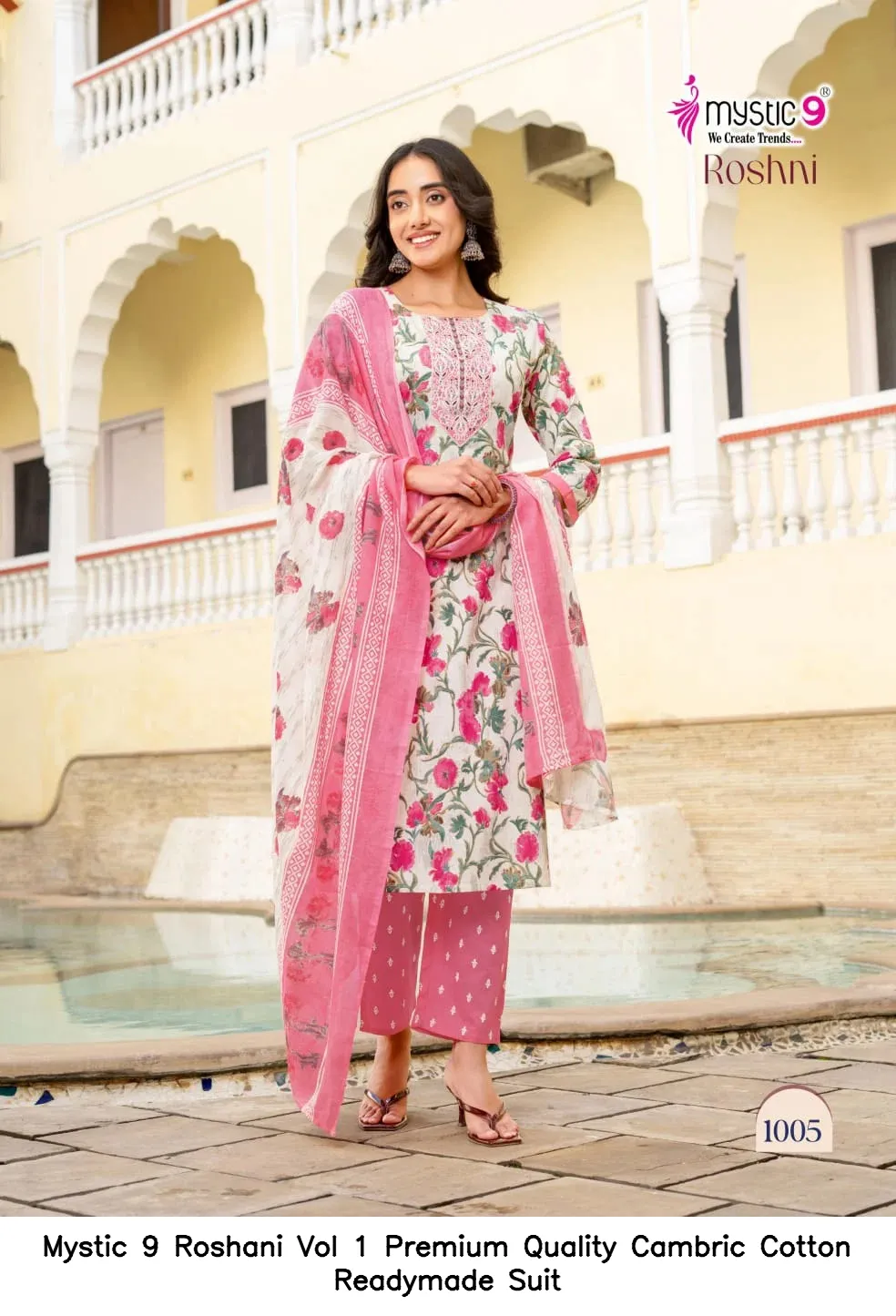 Mystic 9 Roshani Vol 1 Premium Quality Cambric Cotton Readymade Suit — Wholesale Kurti With Bottom Dupatta, Mystic 9 wholesale from Surat — view 4
