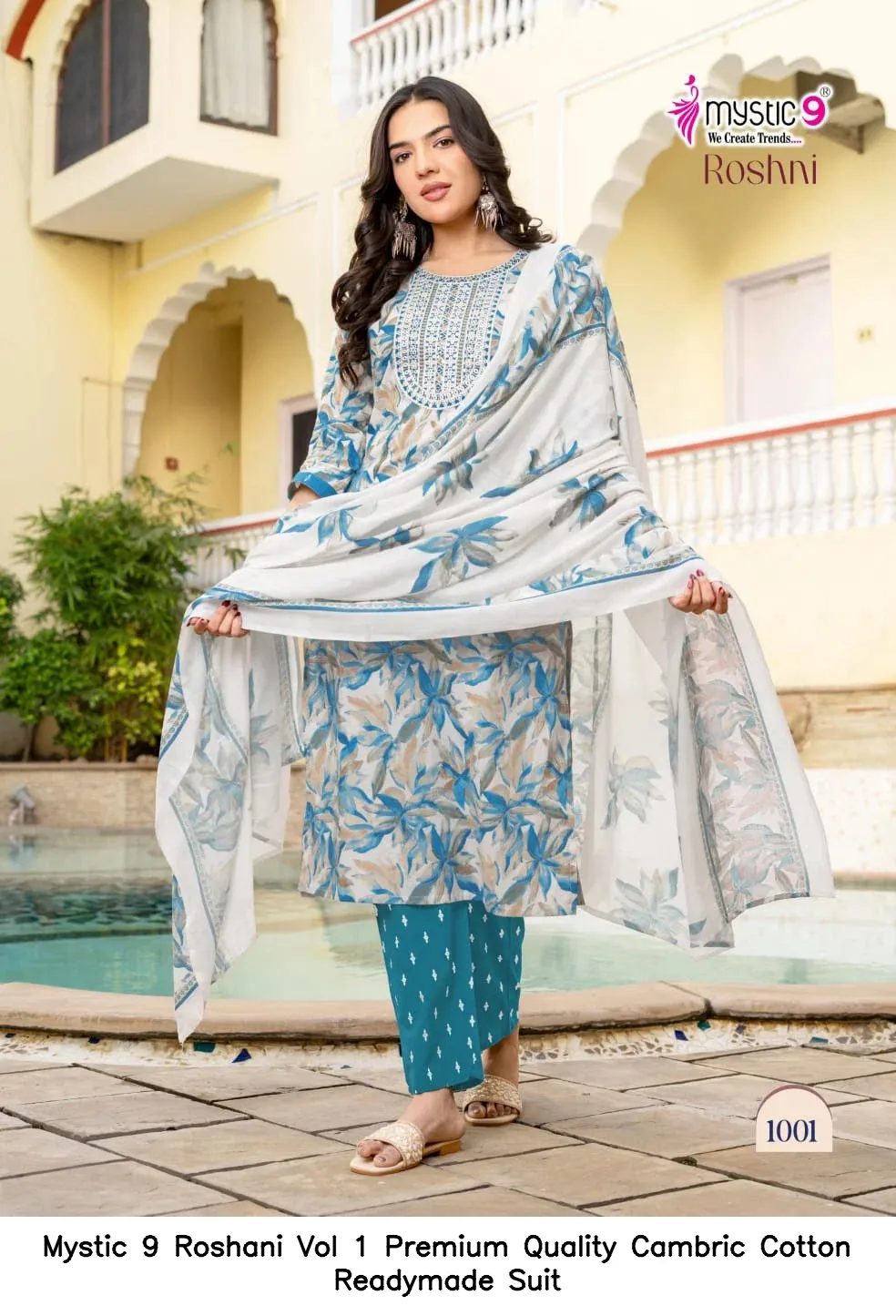 Mystic 9 Roshani Vol 1 Premium Quality Cambric Cotton Readymade Suit — Wholesale Kurti With Bottom Dupatta, Mystic 9 wholesale from Surat — view 5
