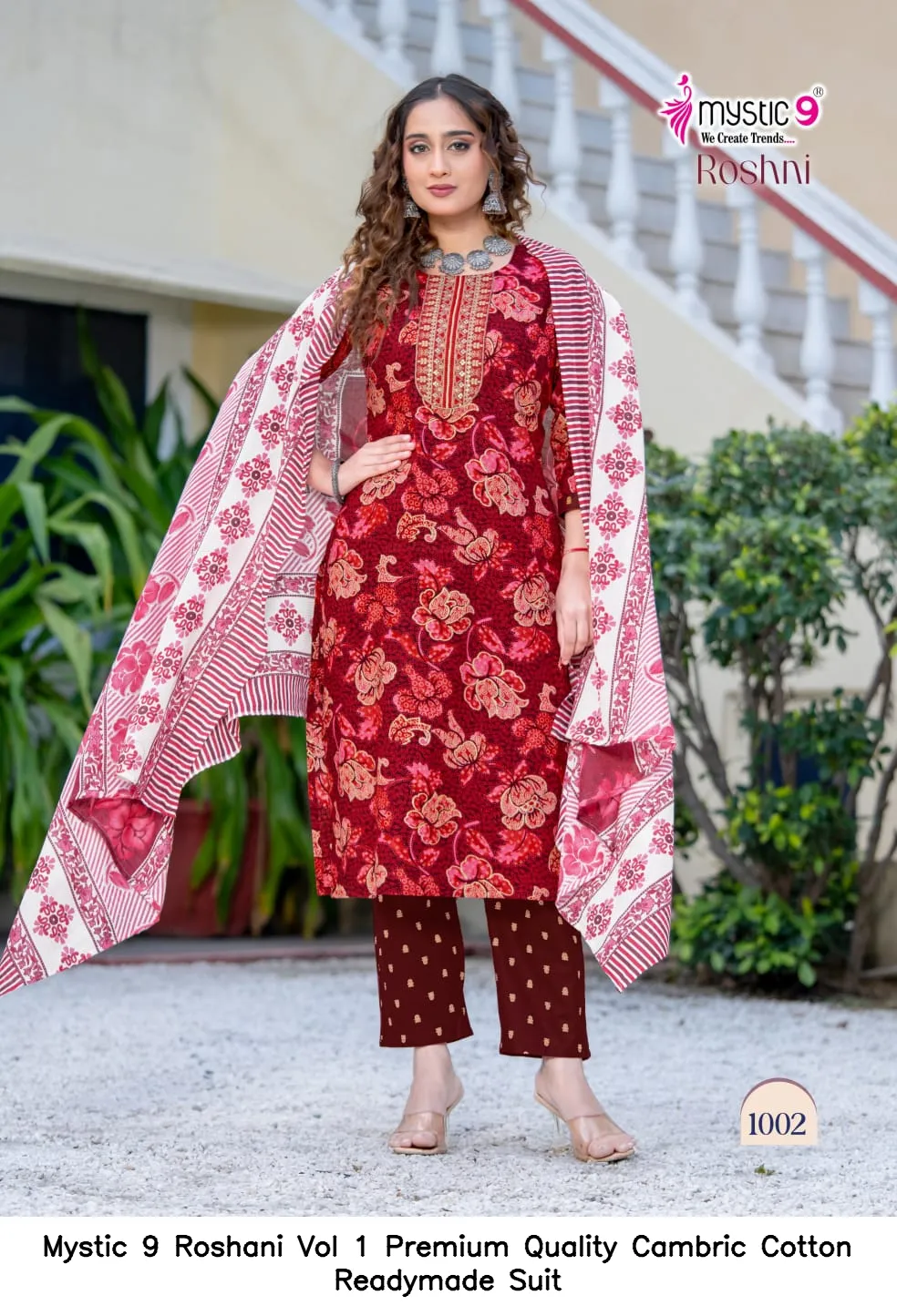 Mystic 9 Roshani Vol 1 Premium Quality Cambric Cotton Readymade Suit — Wholesale Kurti With Bottom Dupatta, Mystic 9 wholesale from Surat — view 6