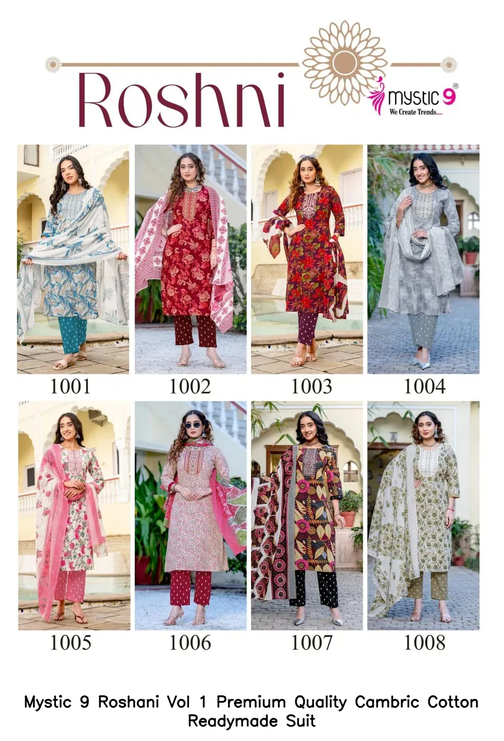 Mystic 9 Roshani Vol 1 Premium Quality Cambric Cotton Readymade Suit — Wholesale Kurti With Bottom Dupatta, Mystic 9 wholesale from Surat — view 8