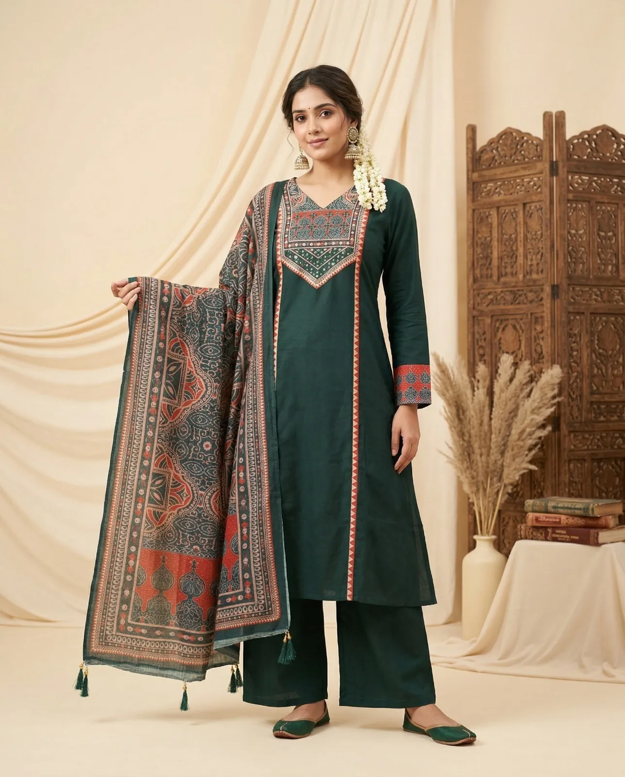 Naisha K 830 Dhabu Cotton Aline Worked Kurti With Bottom Dupttaa Set