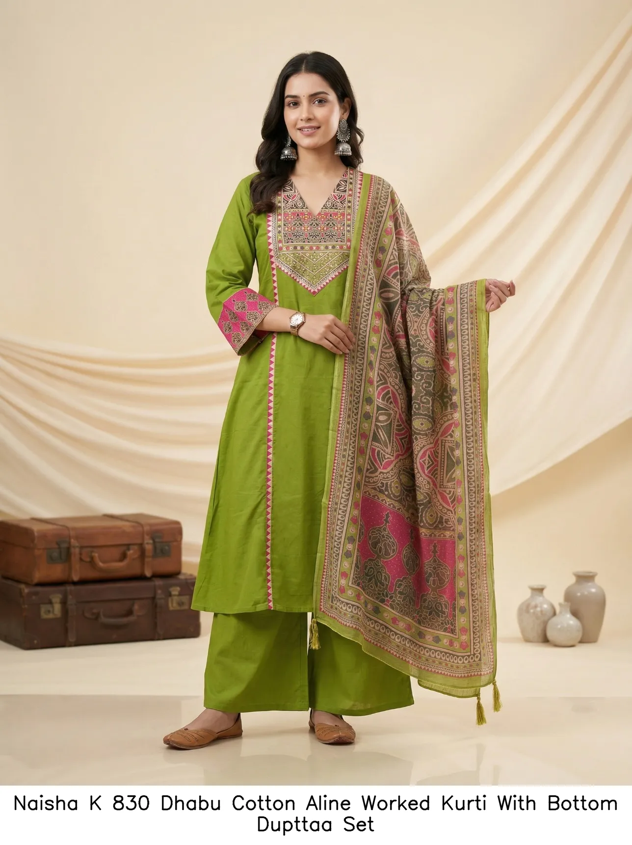 Naisha K 830 Dhabu Cotton Aline Worked Kurti With Bottom Dupttaa Set — Wholesale Kurti With Bottom Dupatta, Naisha wholesale from Surat - Gallery Image 10