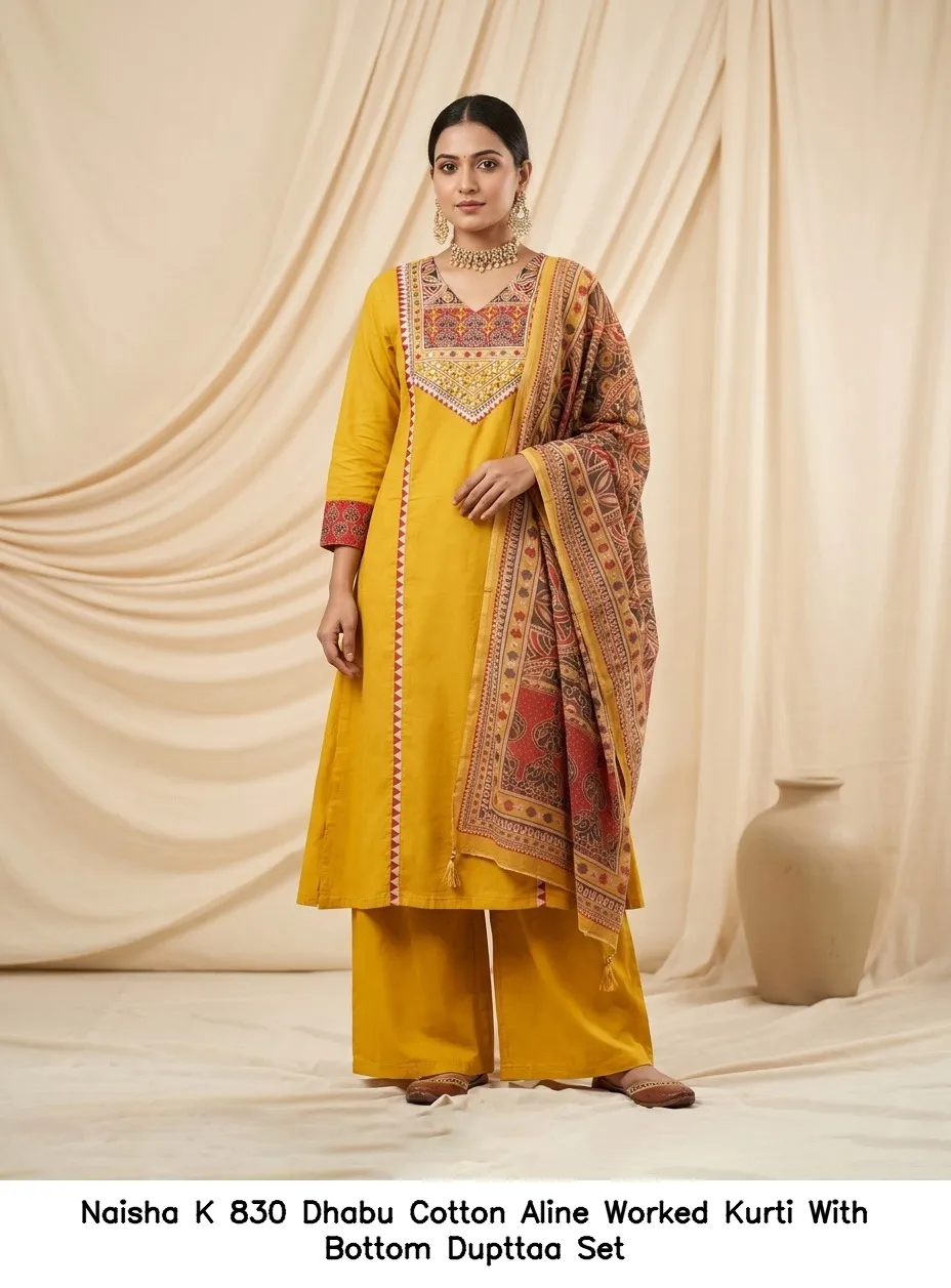 Naisha K 830 Dhabu Cotton Aline Worked Kurti With Bottom Dupttaa Set — Wholesale Kurti With Bottom Dupatta, Naisha wholesale from Surat - Gallery Image 11