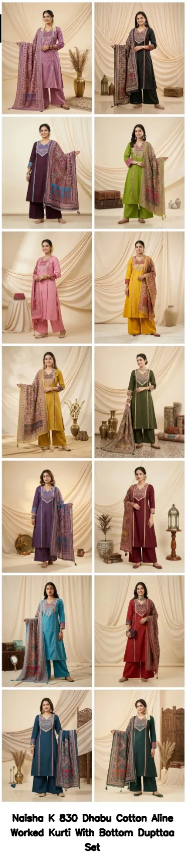 Naisha K 830 Dhabu Cotton Aline Worked Kurti With Bottom Dupttaa Set — Wholesale Kurti With Bottom Dupatta, Naisha wholesale from Surat - Gallery Image 12