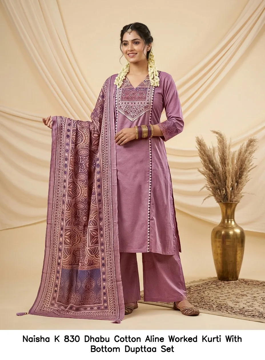 Naisha K 830 Dhabu Cotton Aline Worked Kurti With Bottom Dupttaa Set — Wholesale Kurti With Bottom Dupatta, Naisha wholesale from Surat - Gallery Image 13